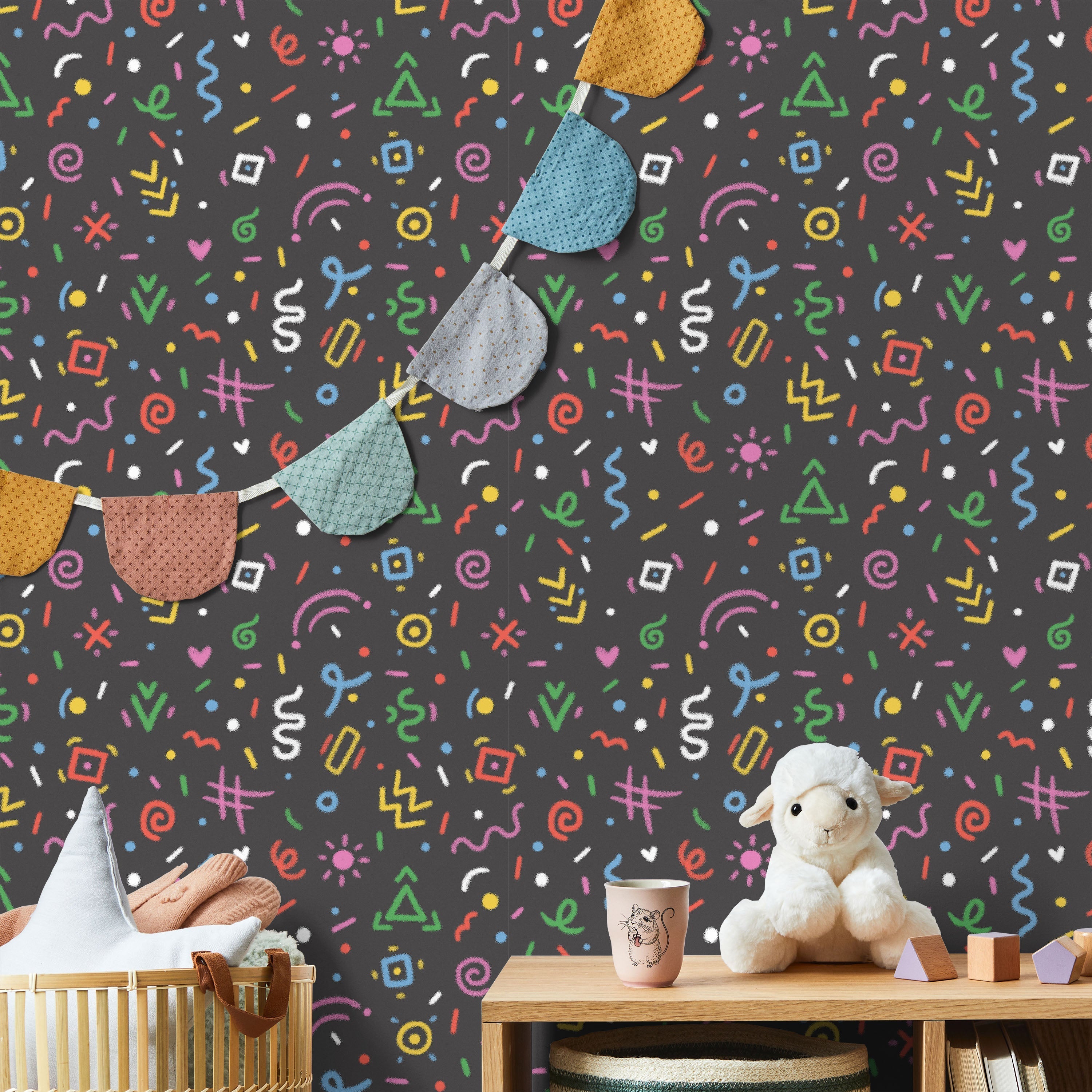 Chalk Doodles Peel and Stick Wallpaper, Removable Wallpaper, Traditional Wallpaper - Dark Grey | DeccoPrint