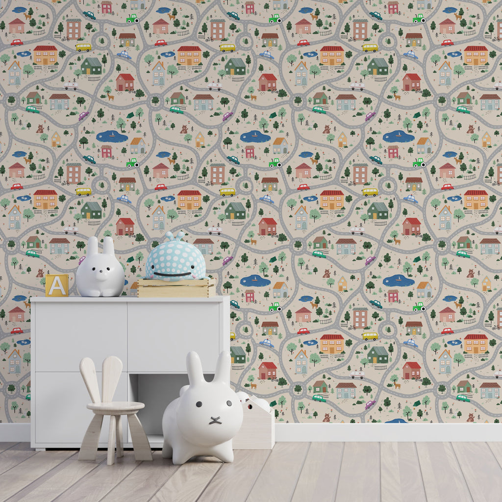 Tiny Town Explorer Peel and Stick Wallpaper, Removable Wallpaper, Traditional Wallpaper - Sand | DeccoPrint