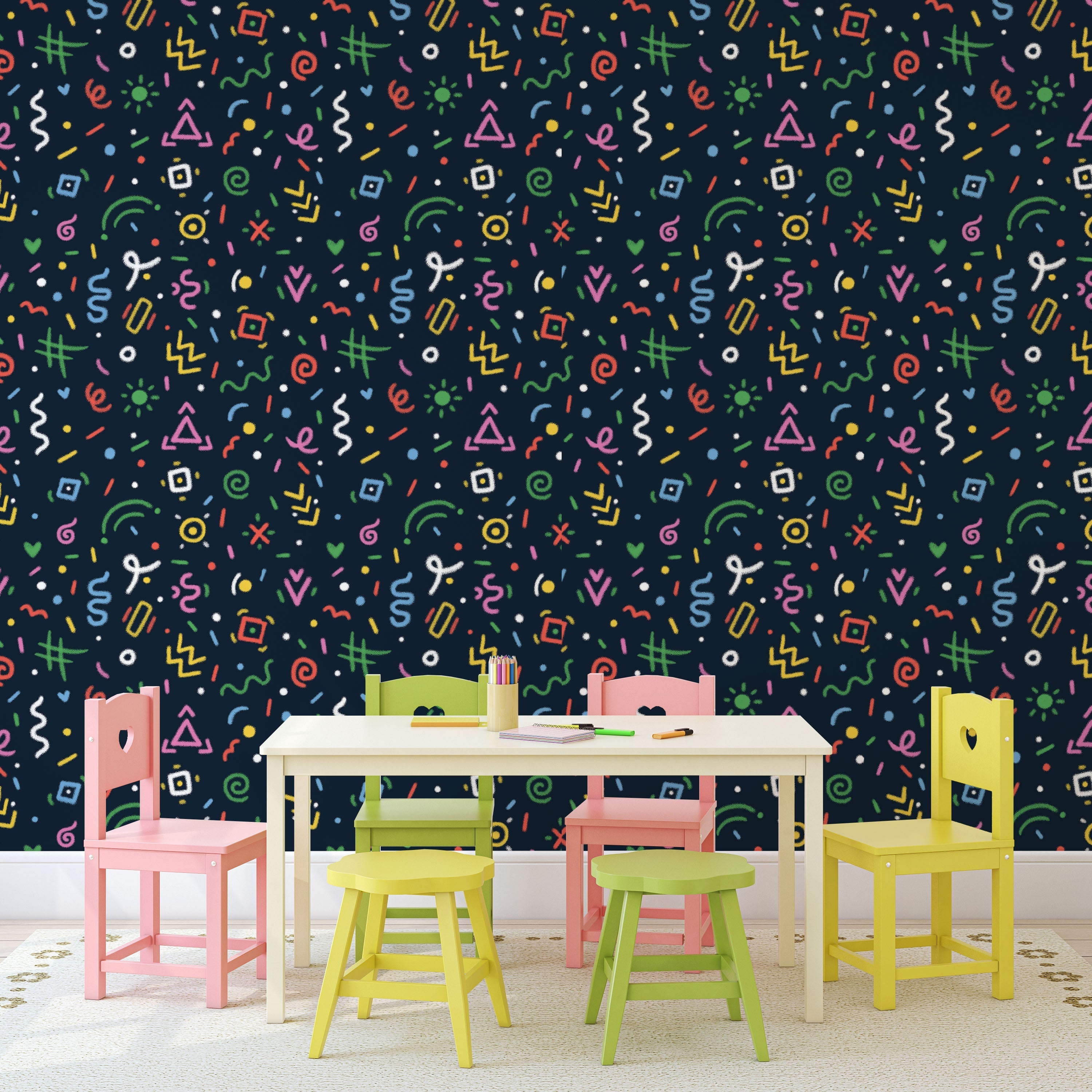 Chalk Doodles Peel and Stick Wallpaper, Removable Wallpaper, Traditional Wallpaper - Navy Blue | DeccoPrint