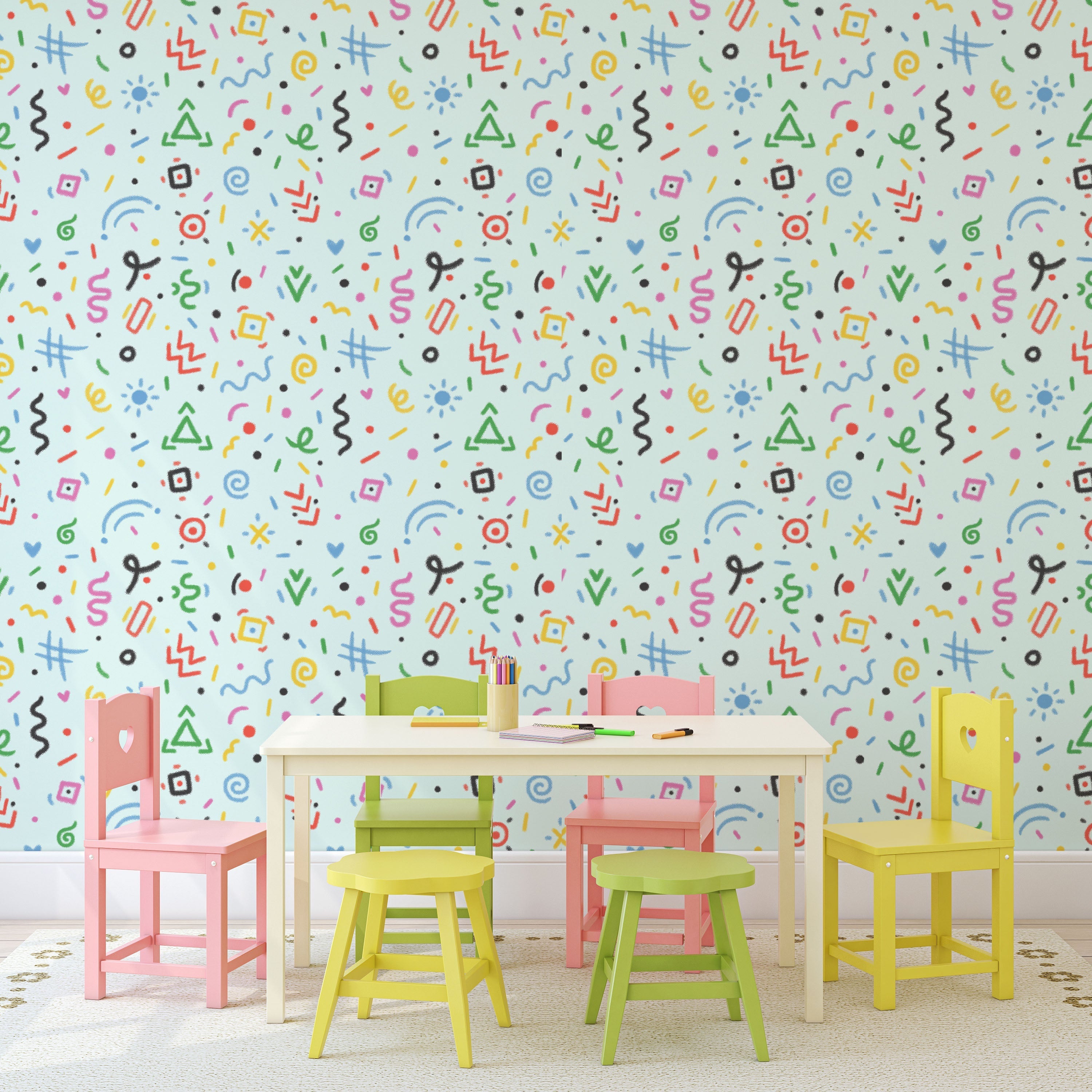 Chalk Doodles Peel and Stick Wallpaper, Removable Wallpaper, Traditional Wallpaper - Light Mint | DeccoPrint