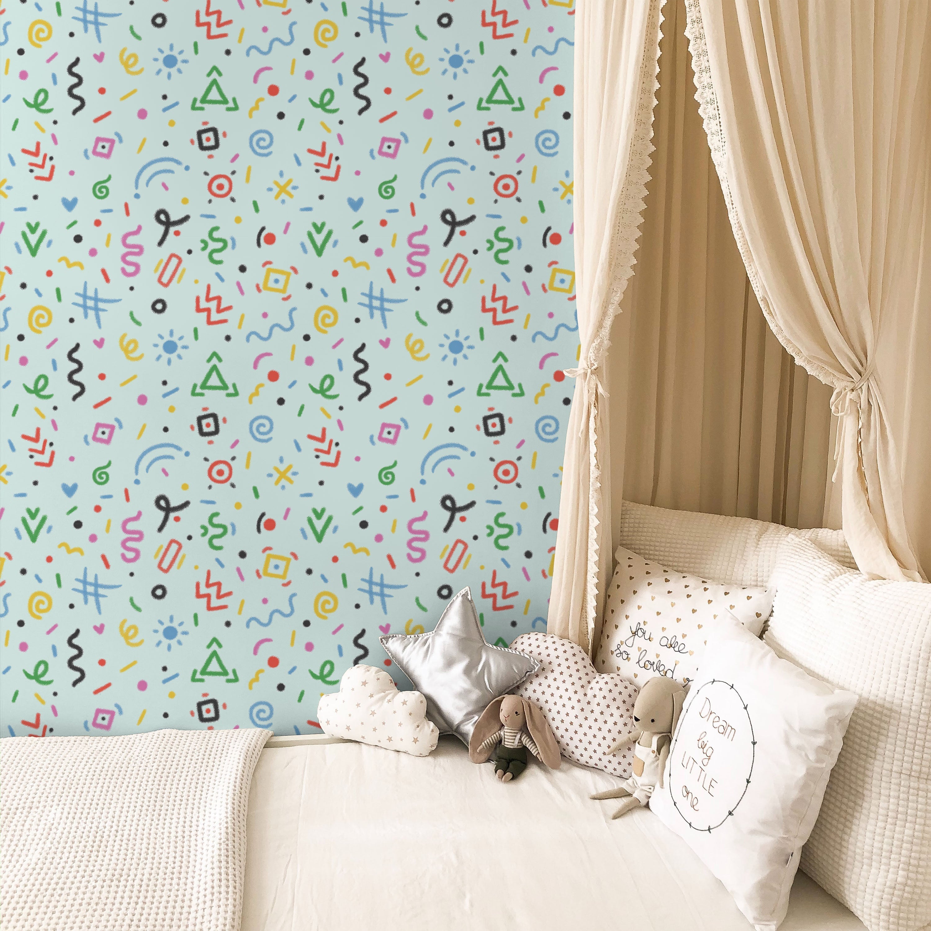 Chalk Doodles Peel and Stick Wallpaper, Removable Wallpaper, Traditional Wallpaper - Light Mint | DeccoPrint