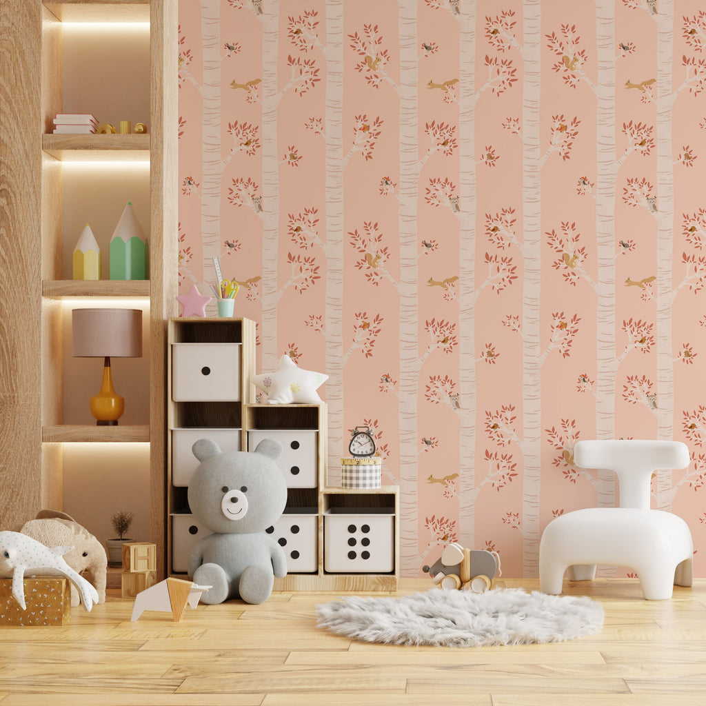 Treetop Tales Peel and Stick Wallpaper, Removable Wallpaper, Traditional Wallpaper - Peachy Blush | DeccoPrint