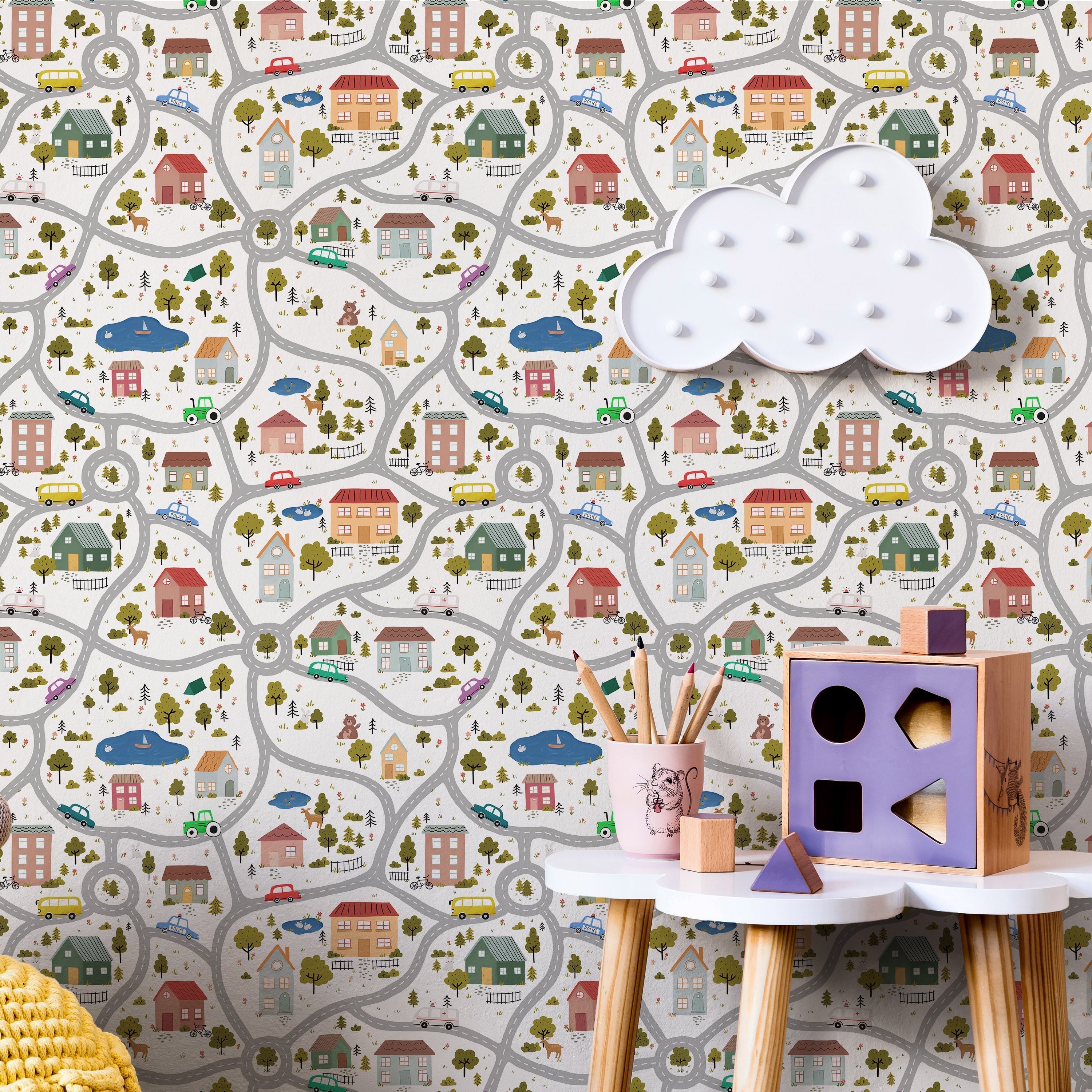 Tiny Town Explorer Peel and Stick Wallpaper, Removable Wallpaper, Traditional Wallpaper - White | DeccoPrint