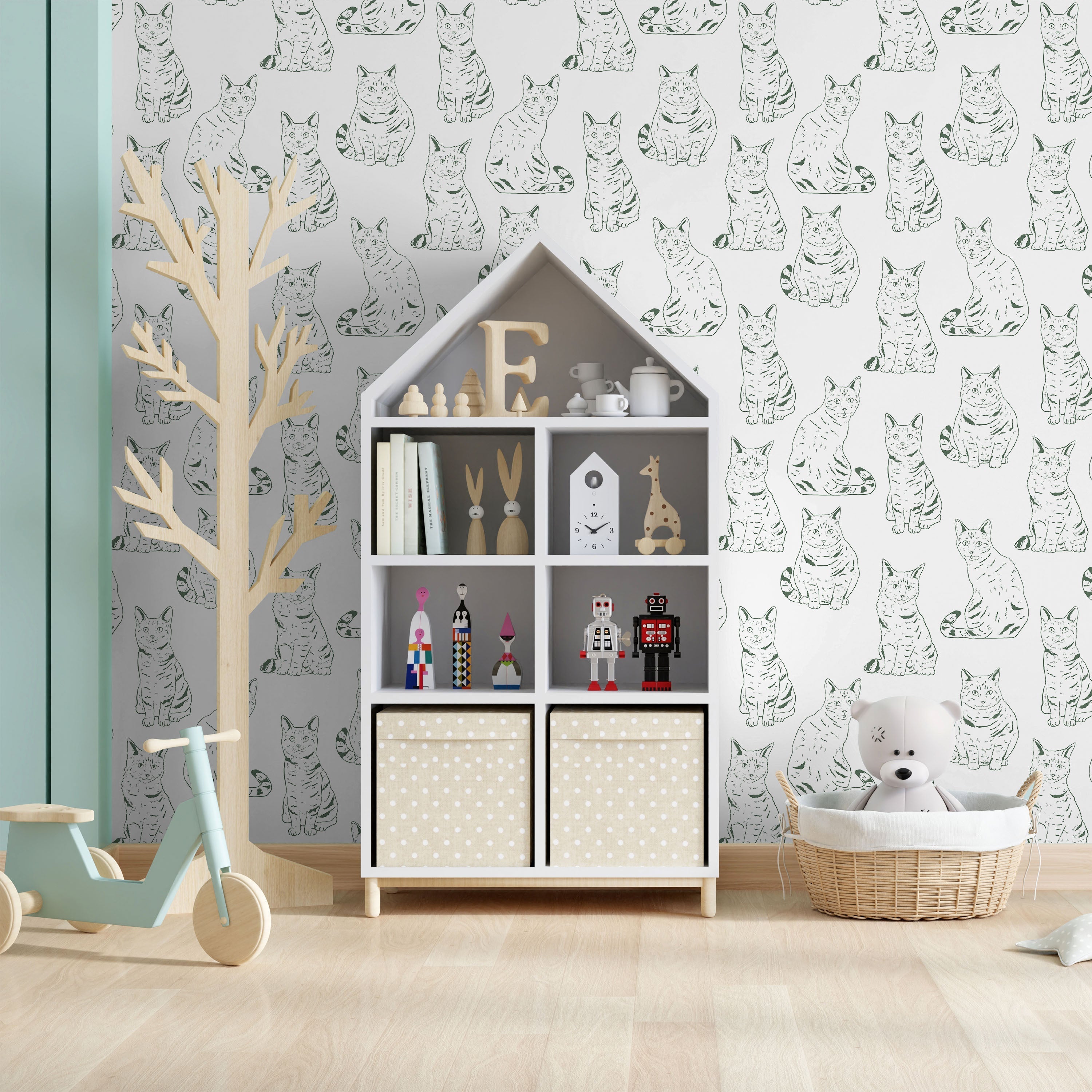 Those Cats Peel and Stick Wallpaper, Removable Wallpaper, Traditional Wallpaper - Green | DeccoPrint