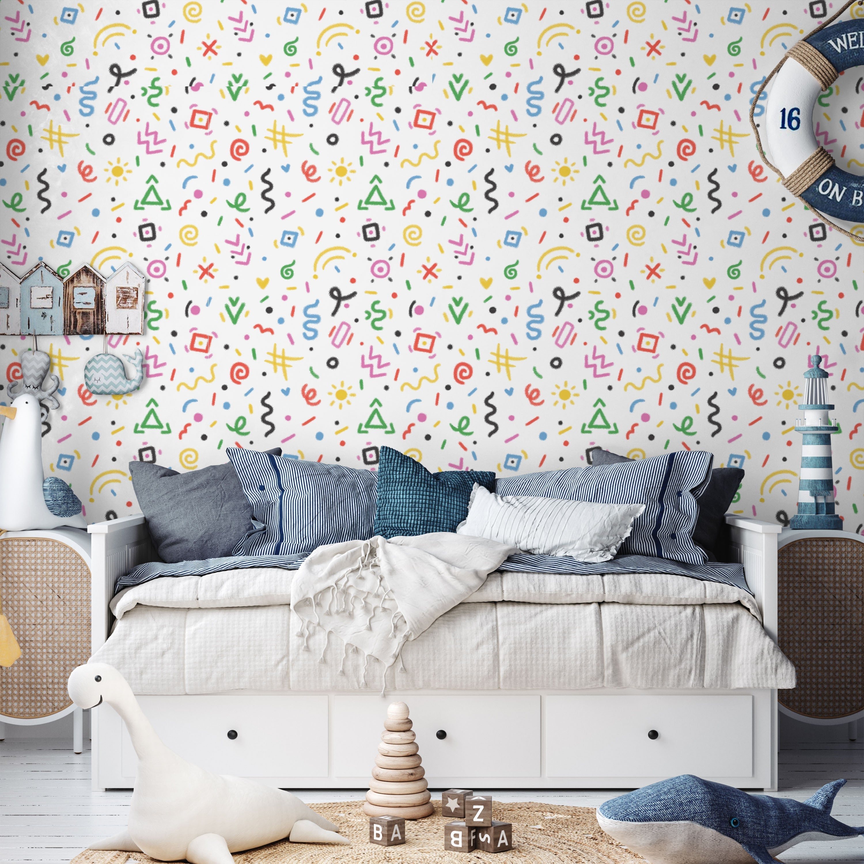 Chalk Doodles Peel and Stick Wallpaper, Removable Wallpaper, Traditional Wallpaper - Chalk White | DeccoPrint