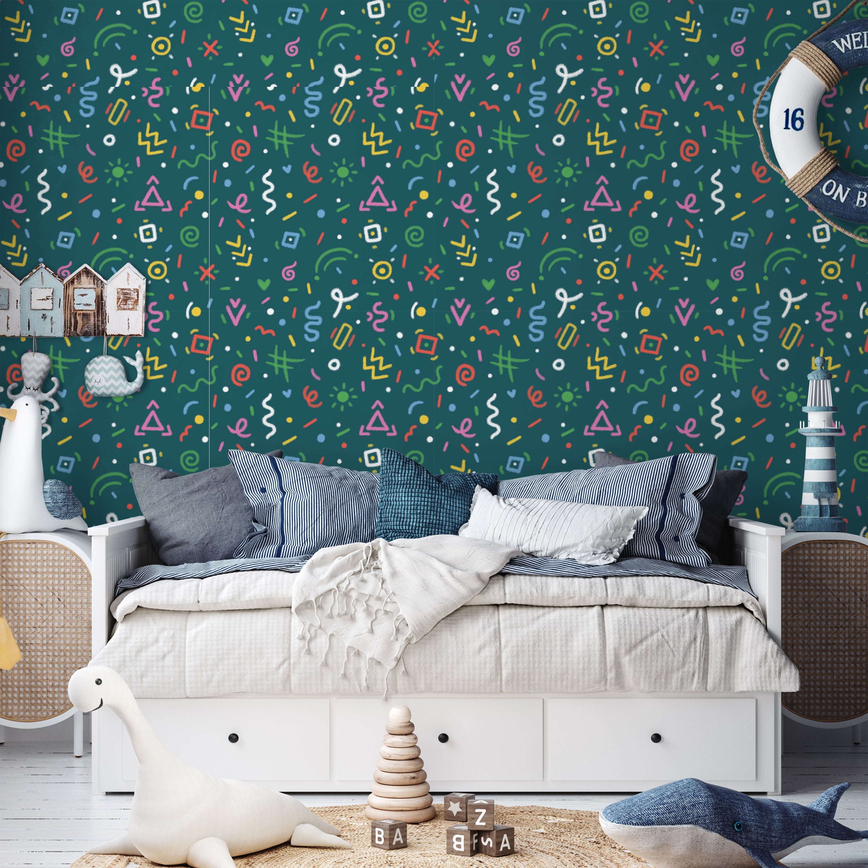 Chalk Doodles Peel and Stick Wallpaper, Removable Wallpaper, Traditional Wallpaper - Dark Teal | DeccoPrint