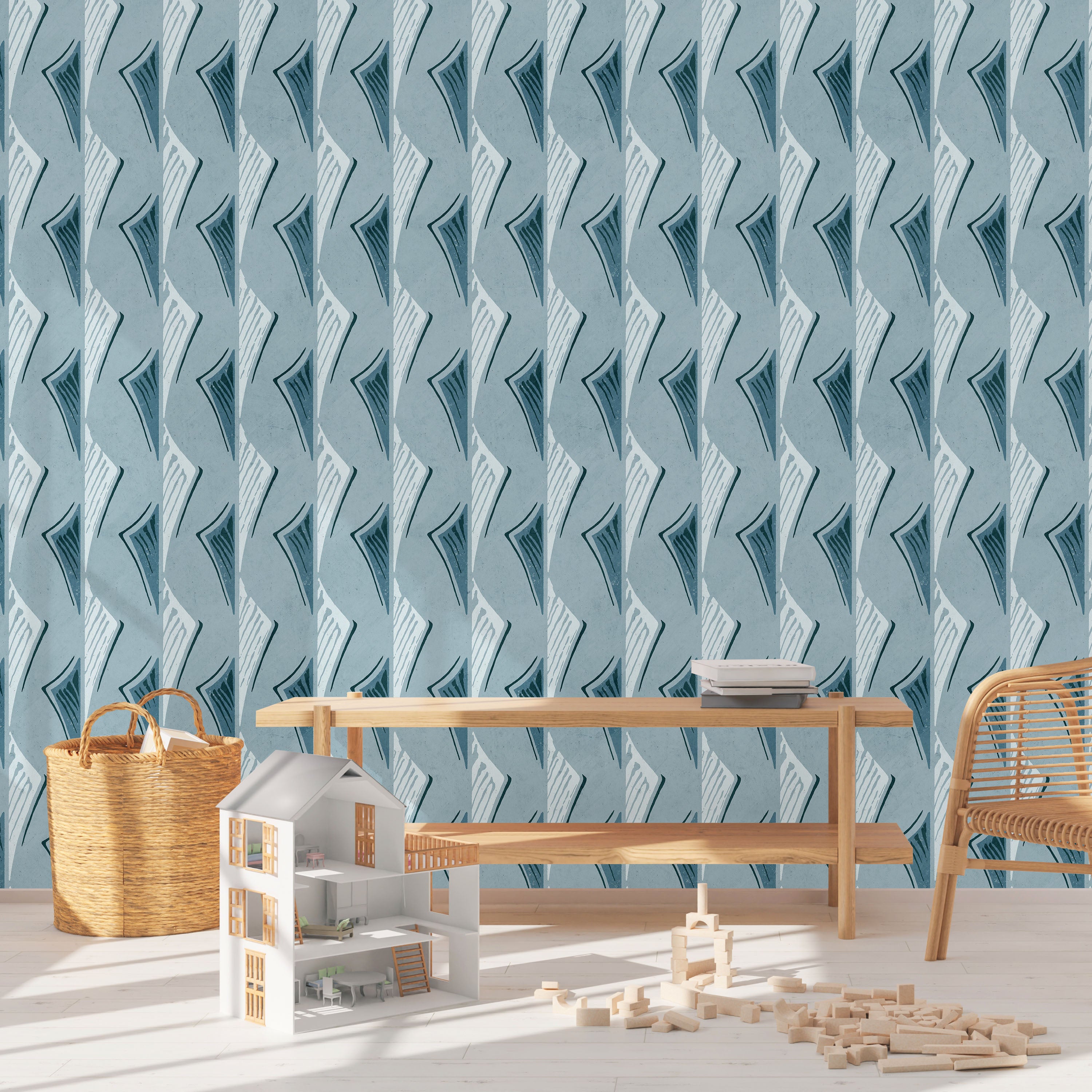 Furuya Korin x Dancing Fans Peel and Stick Wallpaper, Removable Wallpaper, Traditional Wallpaper - Soft Blue | DeccoPrint