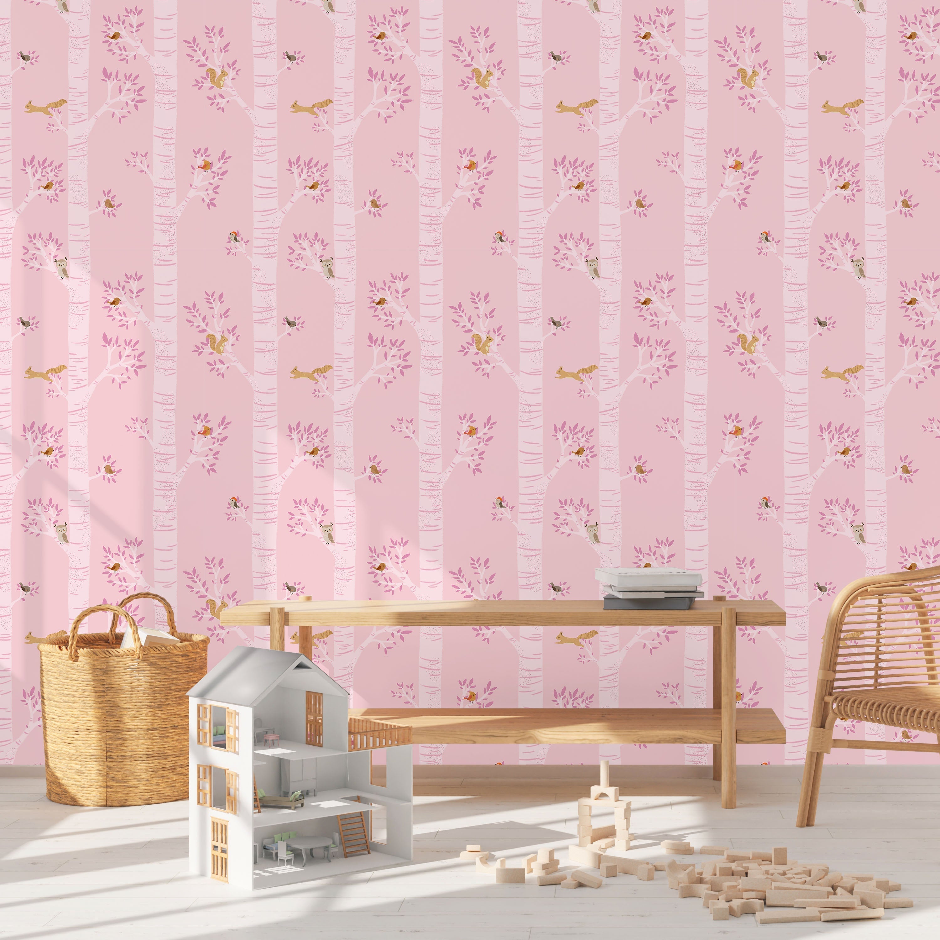 Treetop Tales Peel and Stick Wallpaper, Removable Wallpaper, Traditional Wallpaper - Bubblegum Pink | DeccoPrint
