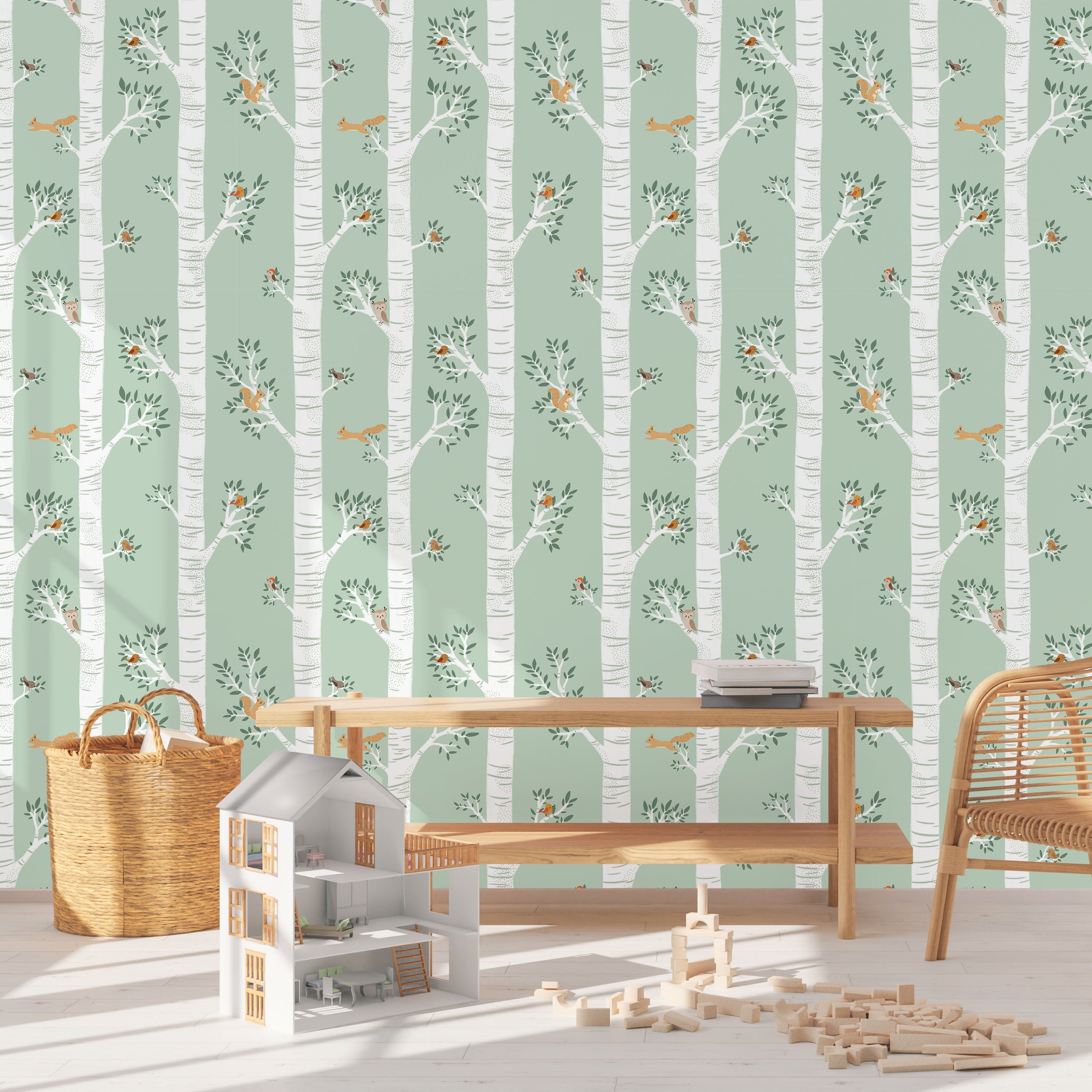 Treetop Tales Peel and Stick Wallpaper, Removable Wallpaper, Traditional Wallpaper - Sage Green | DeccoPrint