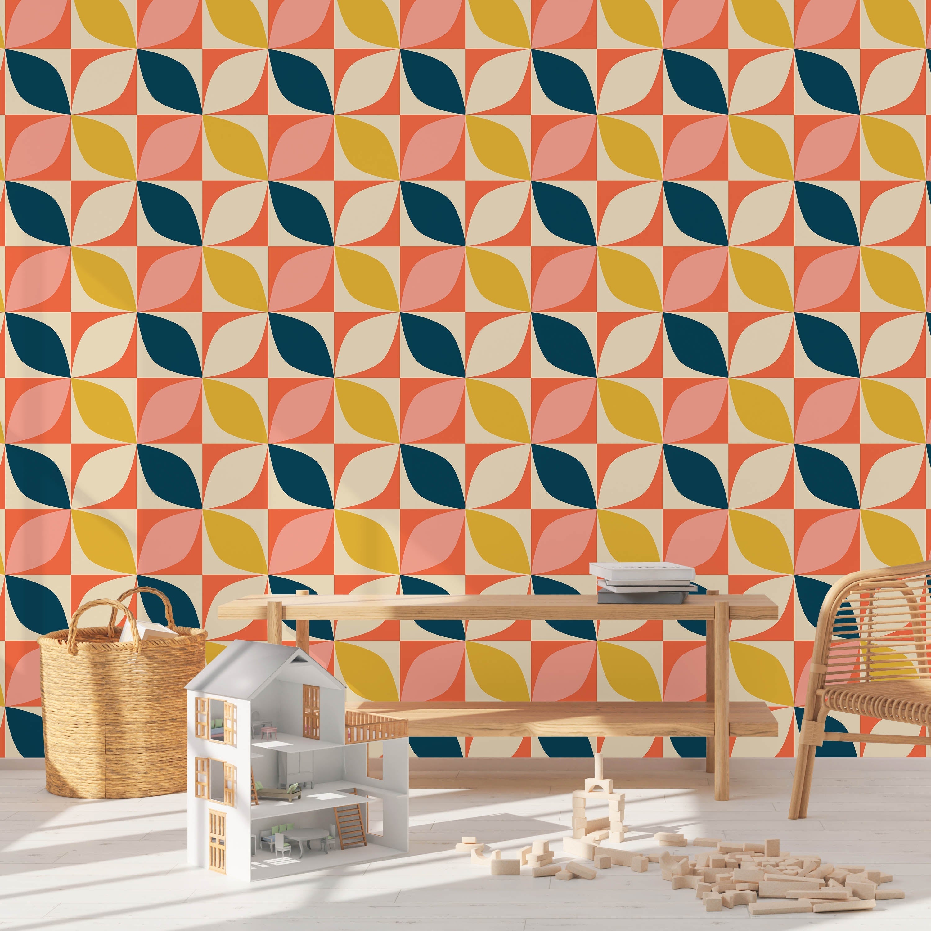 Geometric Bauhaus Peel and Stick Wallpaper, Removable Wallpaper, Traditional Wallpaper - Orange | DeccoPrint