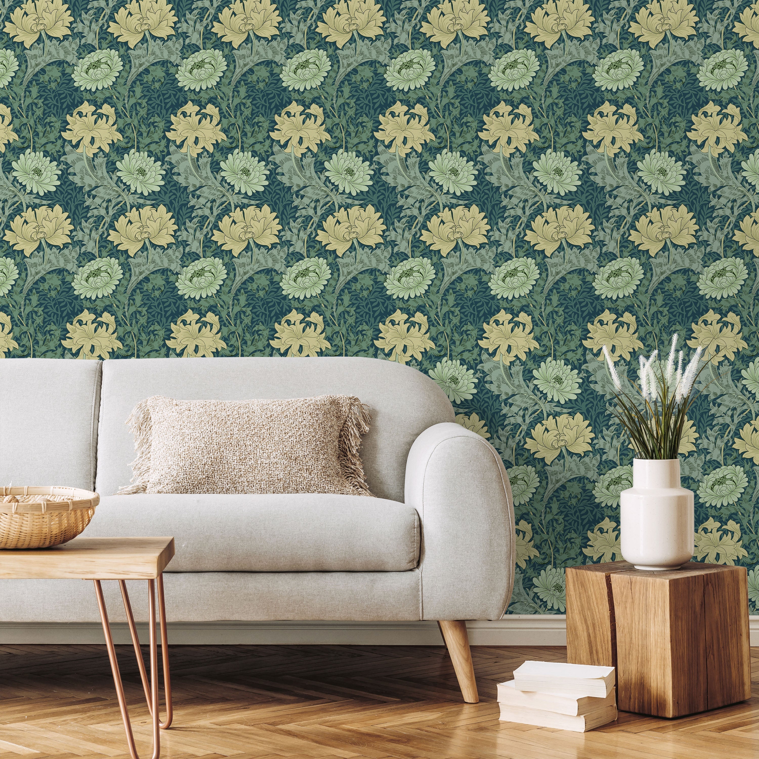 William Morris X Chrysanthemum Peel and Stick Wallpaper, Removable Wallpaper, Traditional Wallpaper - Green | DeccoPrint