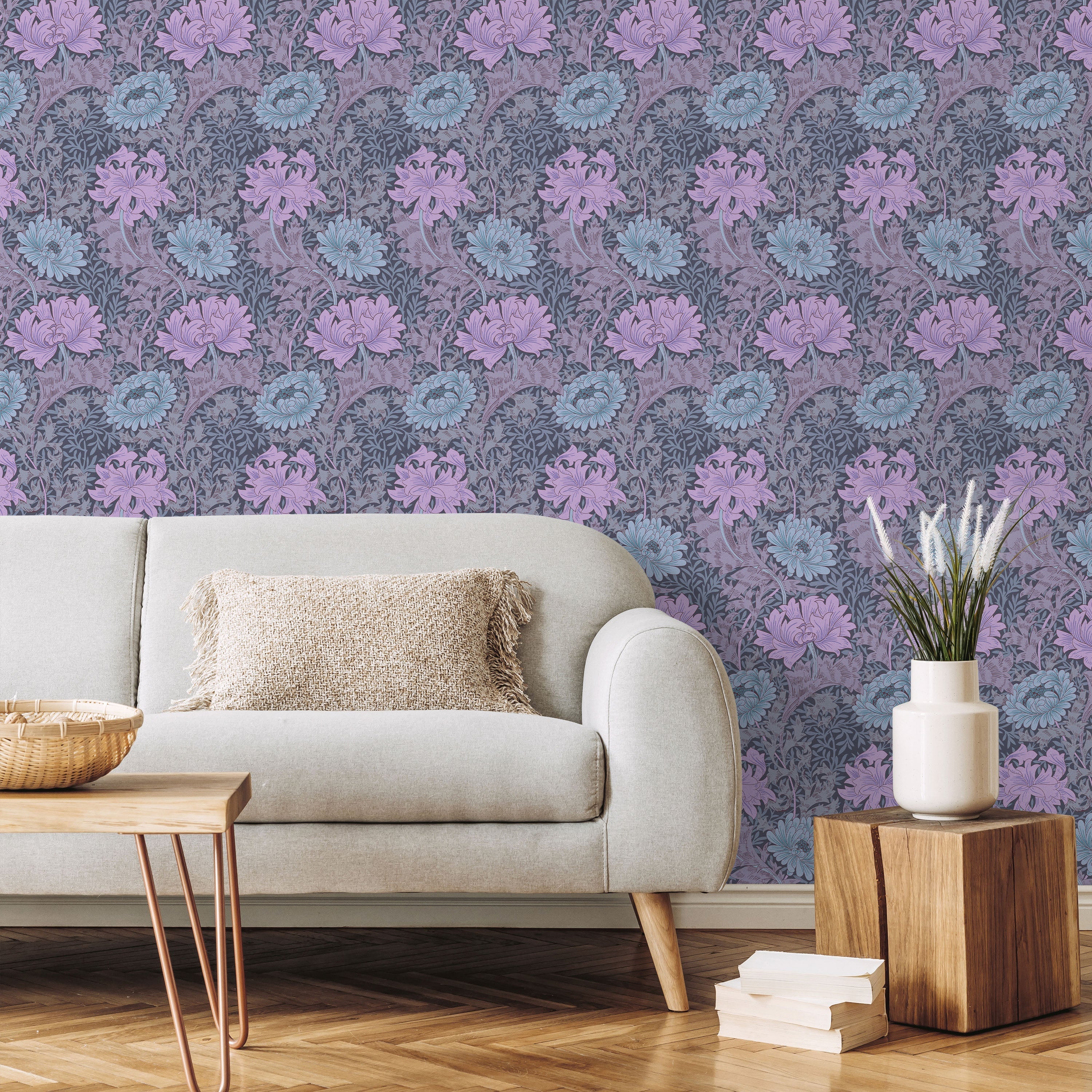 William Morris X Chrysanthemum Peel and Stick Wallpaper, Removable Wallpaper, Traditional Wallpaper - Lilac | DeccoPrint