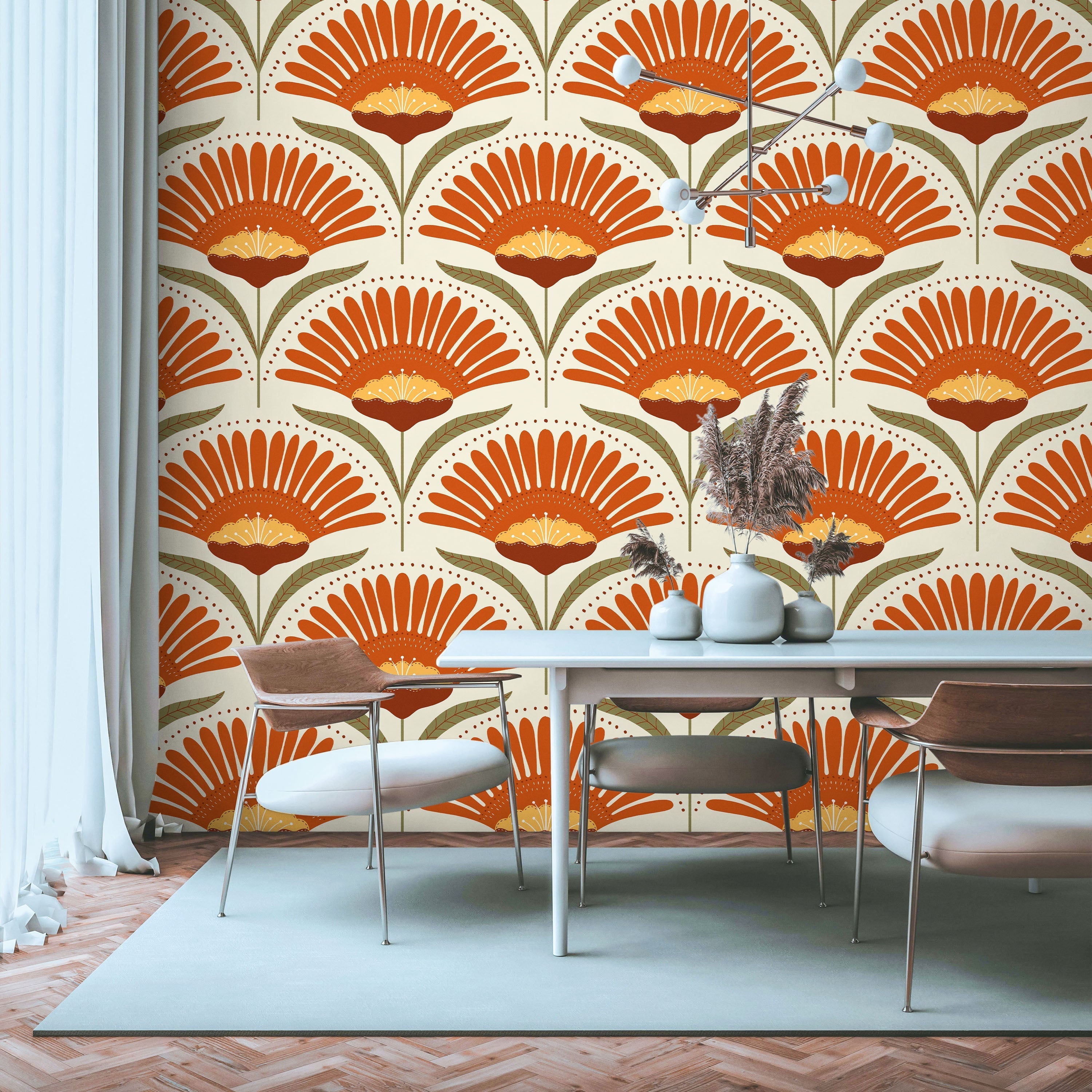 Bohemian Blossom Peel and Stick Wallpaper, Removable Wallpaper, Traditional Wallpaper - Orange | DeccoPrint