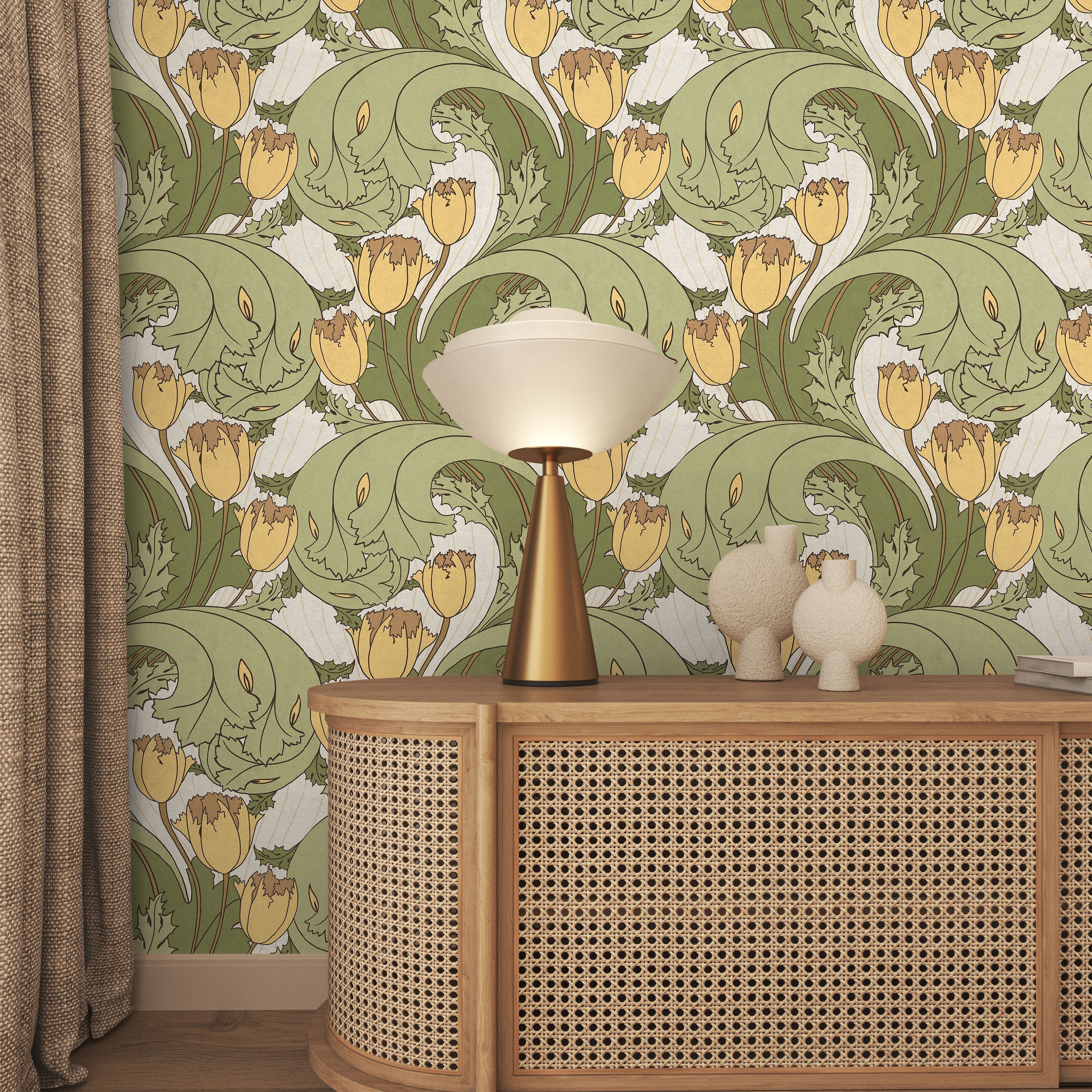 C.F.A. Voysey x Tulips Peel and Stick Wallpaper, Removable Wallpaper, Traditional Wallpaper - Vintage Yellow | DeccoPrint