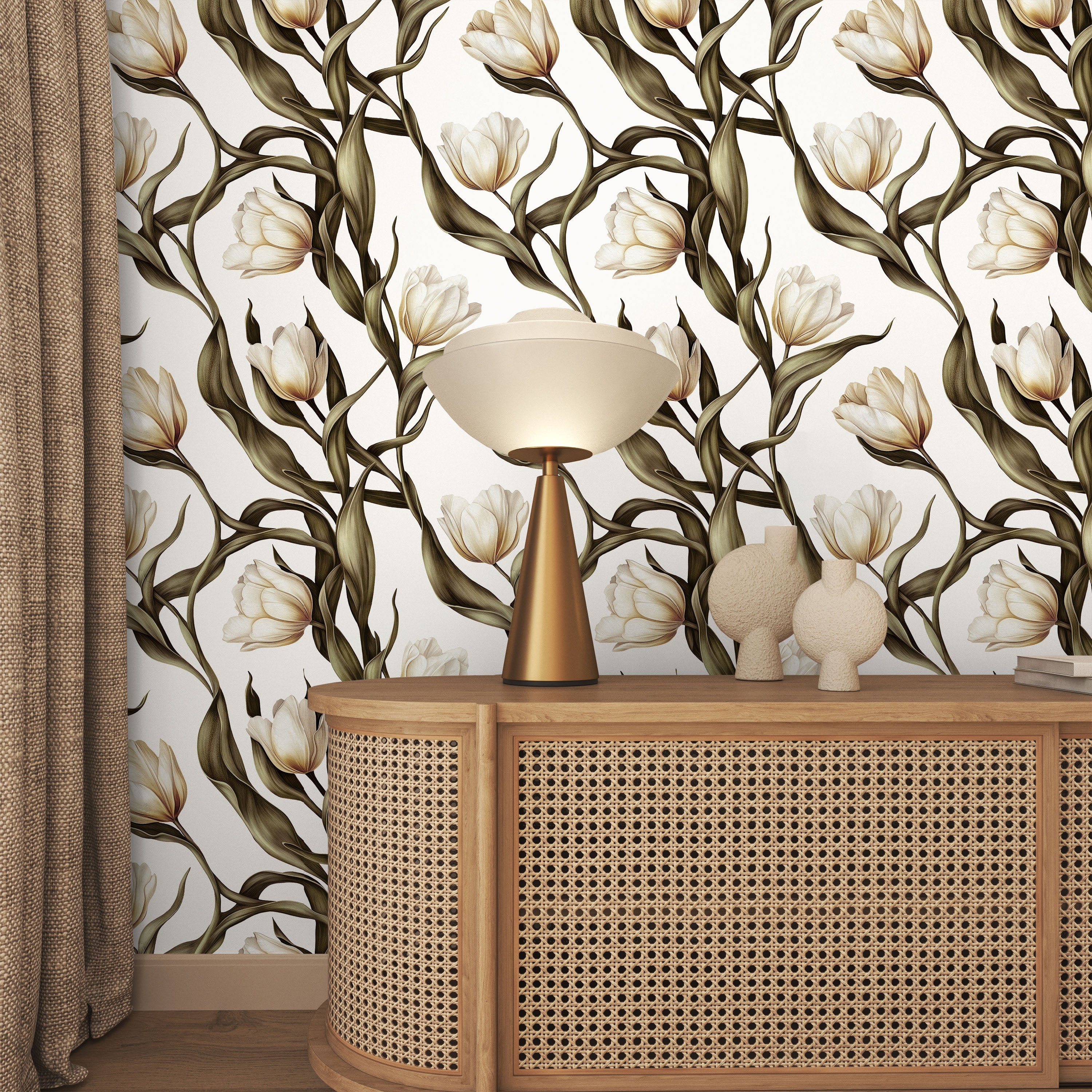 Spring Tulips Peel and Stick Wallpaper, Removable Wallpaper, Traditional Wallpaper - Ivory White | DeccoPrint