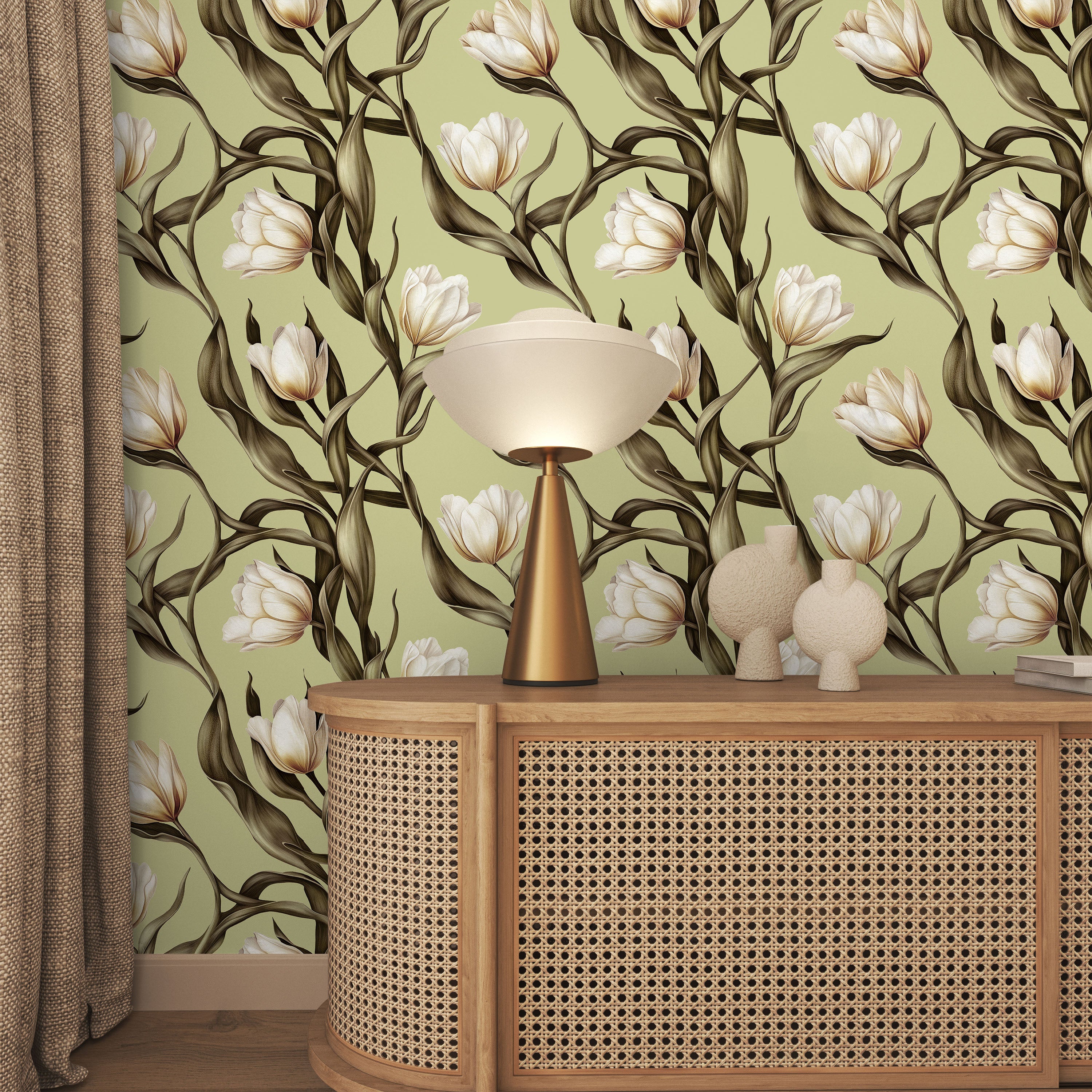 Spring Tulips Peel and Stick Wallpaper, Removable Wallpaper, Traditional Wallpaper - Sage Green | DeccoPrint