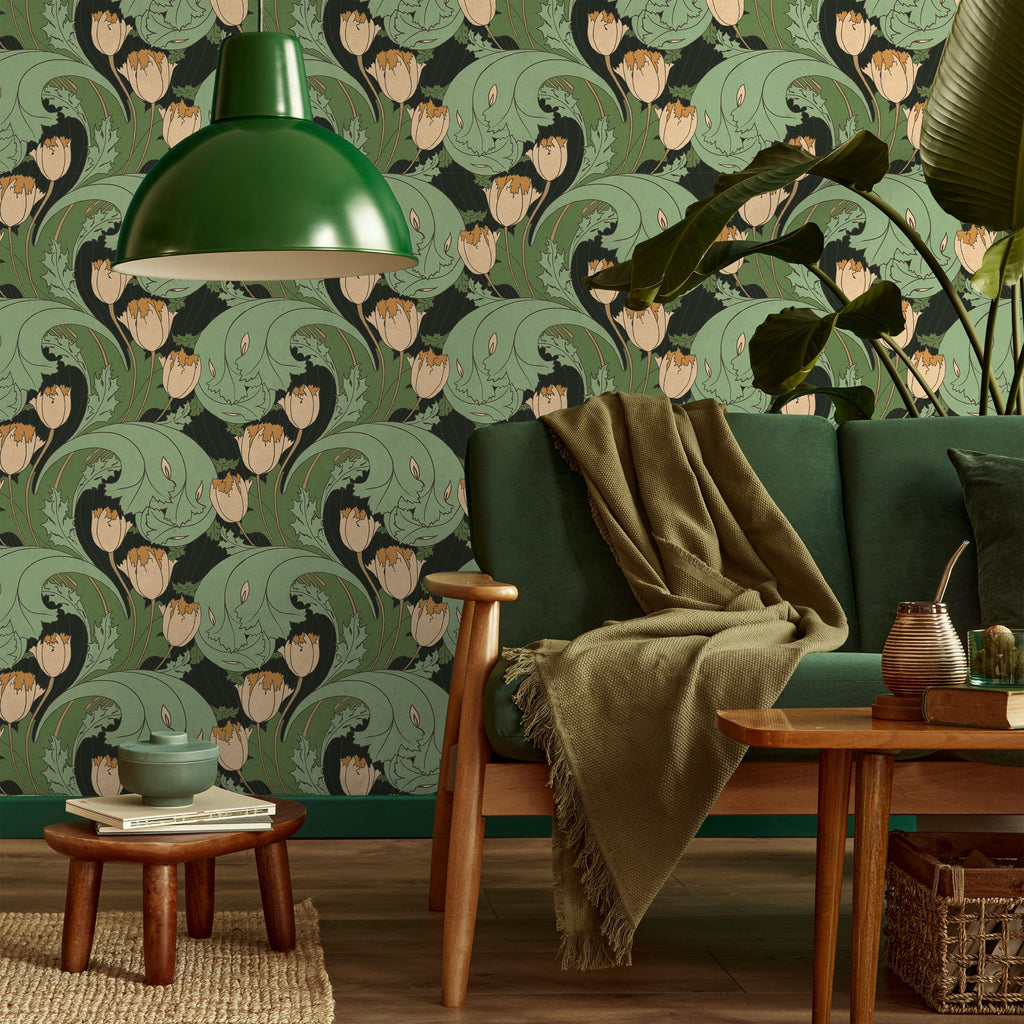C.F.A. Voysey x Tulips Peel and Stick Wallpaper, Removable Wallpaper, Traditional Wallpaper - Forest Green | DeccoPrint