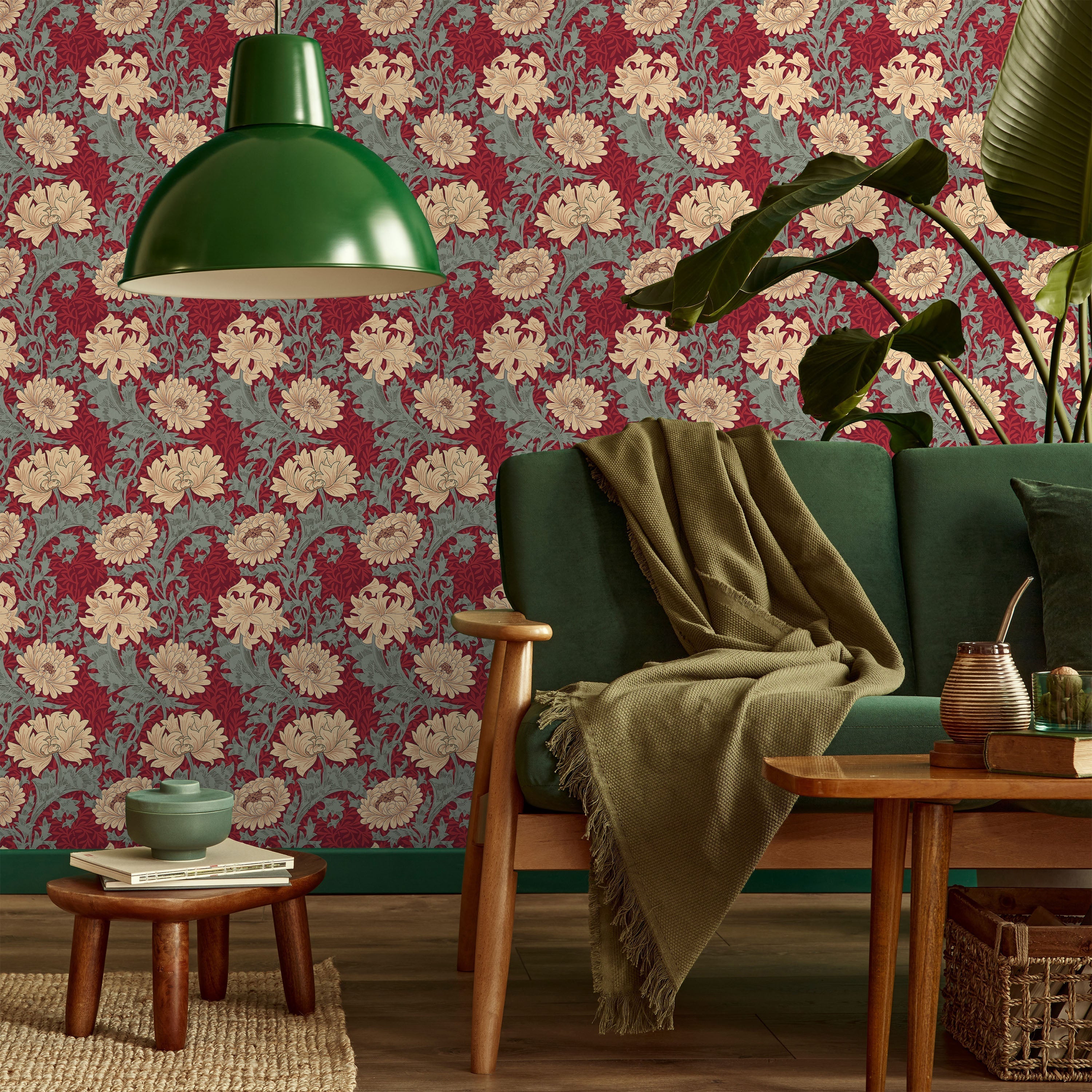 William Morris X Chrysanthemum Peel and Stick Wallpaper, Removable Wallpaper, Traditional Wallpaper - Red | DeccoPrint