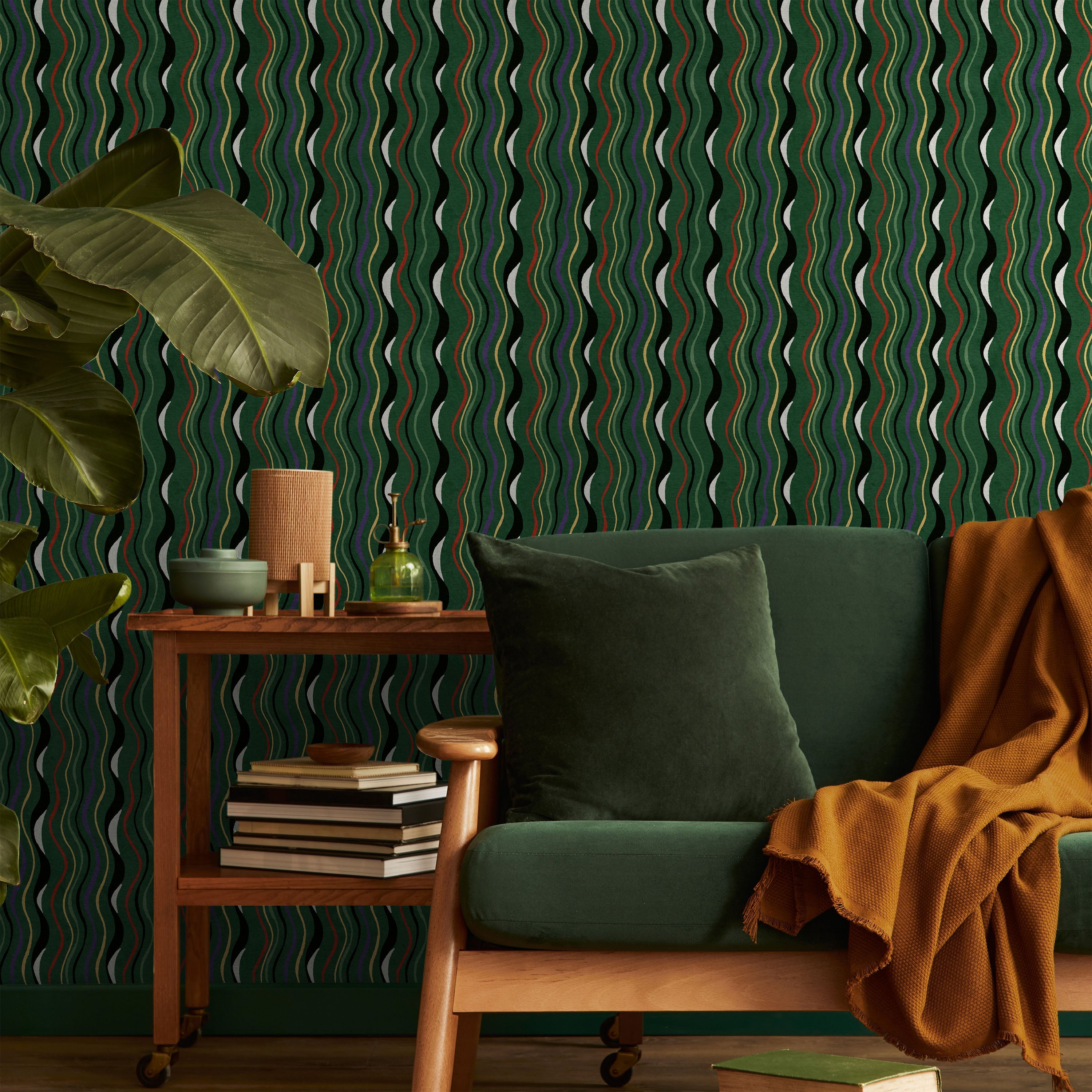 Furuya Korin x Korin Waves Peel and Stick Wallpaper, Removable Wallpaper, Traditional Wallpaper - Deep Green | DeccoPrint