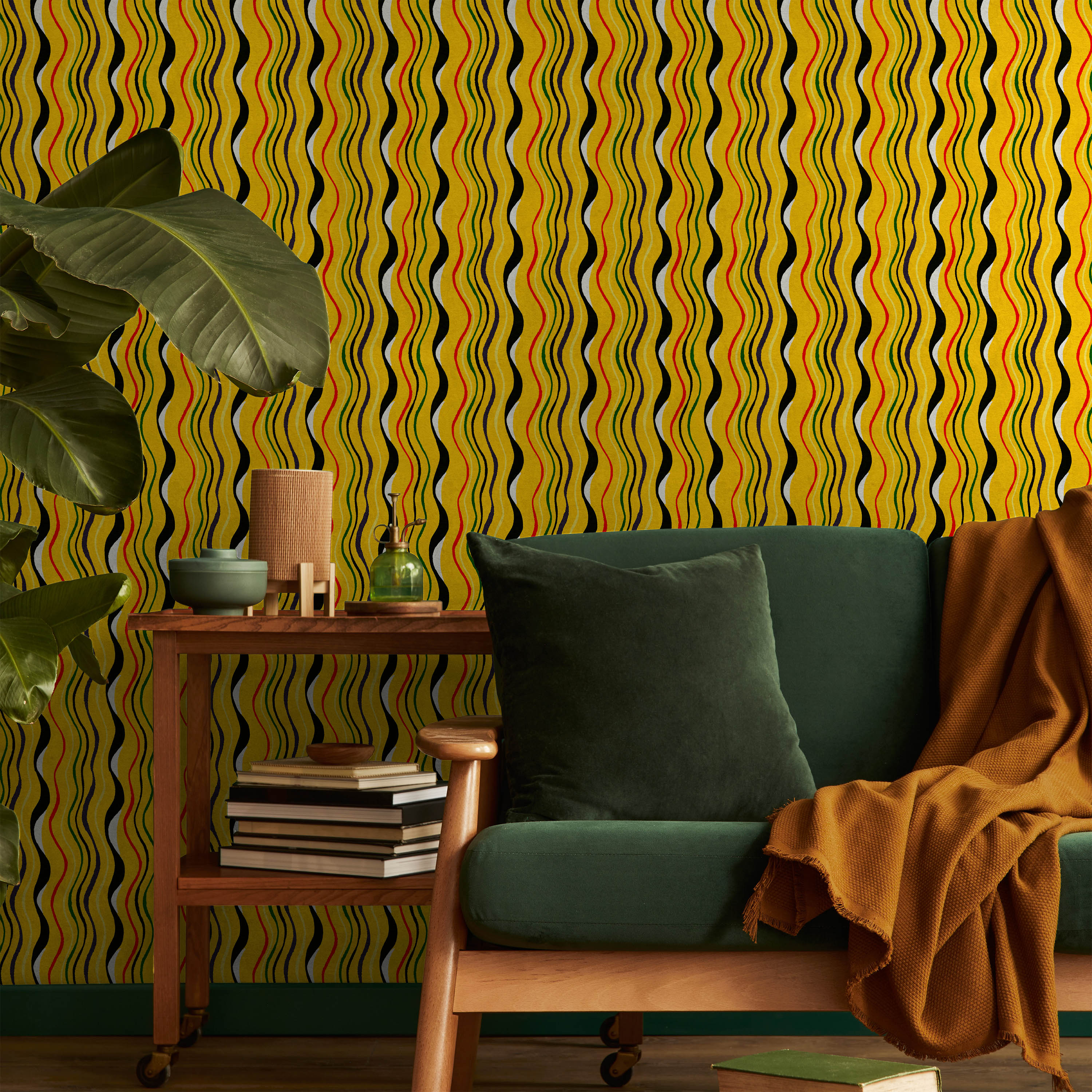 Furuya Korin x Korin Waves Peel and Stick Wallpaper, Removable Wallpaper, Traditional Wallpaper - Amber Yellow | DeccoPrint