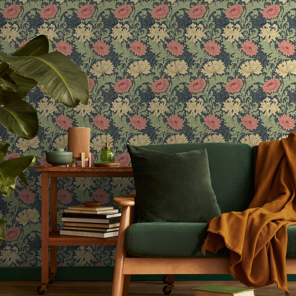 William Morris X Chrysanthemum Peel and Stick Wallpaper, Removable Wallpaper, Traditional Wallpaper - Indigo | DeccoPrint