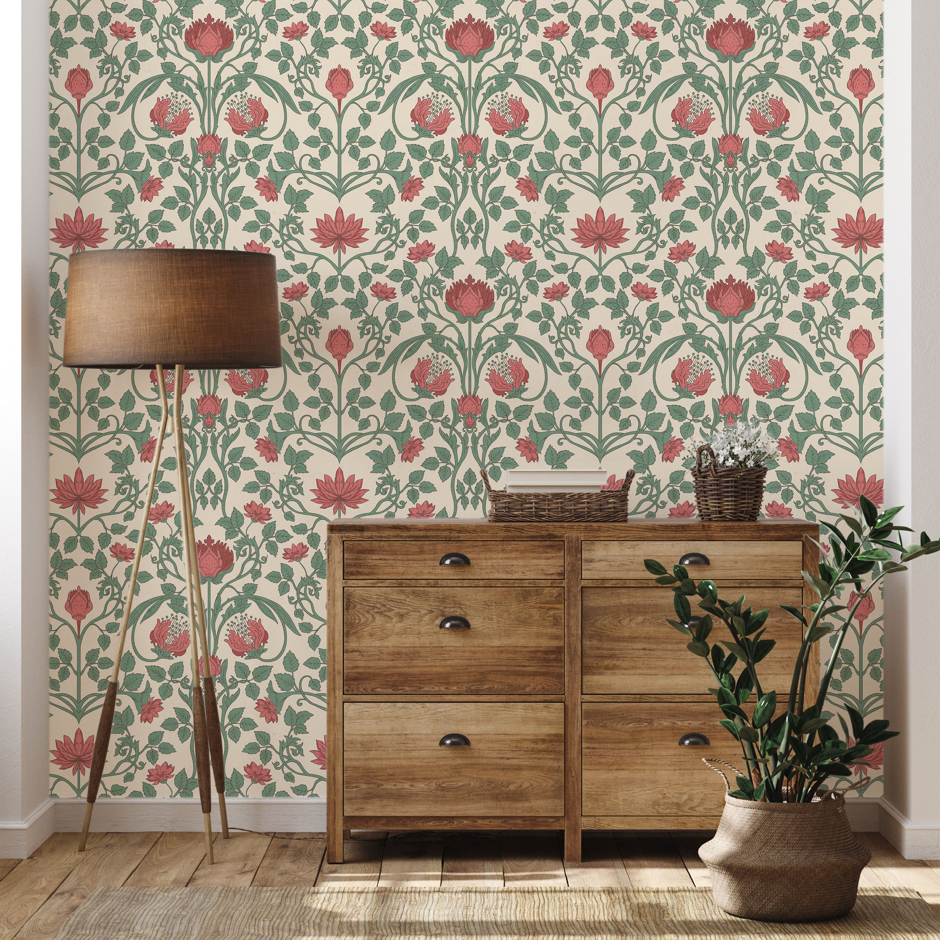 Art Nouveau Peel and Stick Wallpaper, Removable Wallpaper, Traditional Wallpaper - Warm Pink | DeccoPrint