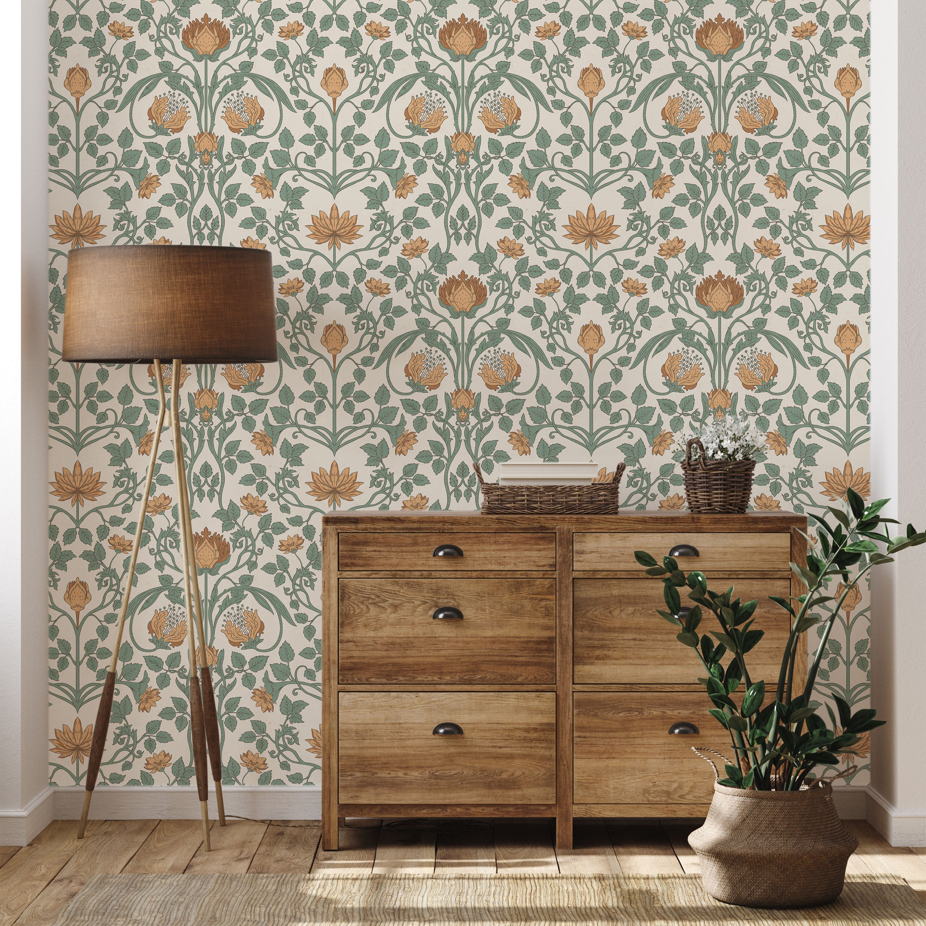 Art Nouveau Peel and Stick Wallpaper, Removable Wallpaper, Traditional Wallpaper - Amber Beige | DeccoPrint