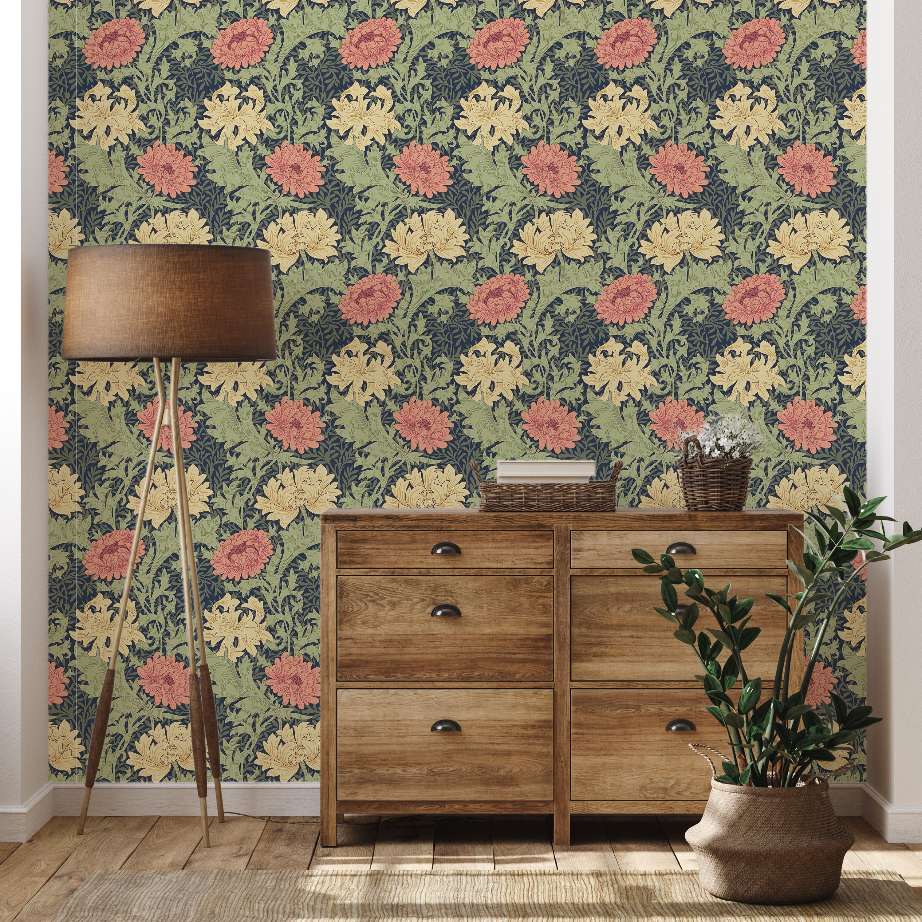 William Morris X Chrysanthemum Peel and Stick Wallpaper, Removable Wallpaper, Traditional Wallpaper - Indigo | DeccoPrint