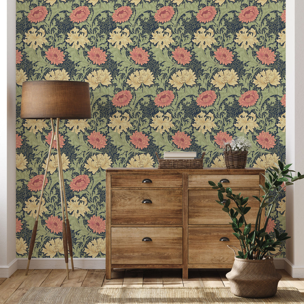 William Morris X Chrysanthemum Peel and Stick Wallpaper, Removable Wallpaper, Traditional Wallpaper - Indigo | DeccoPrint