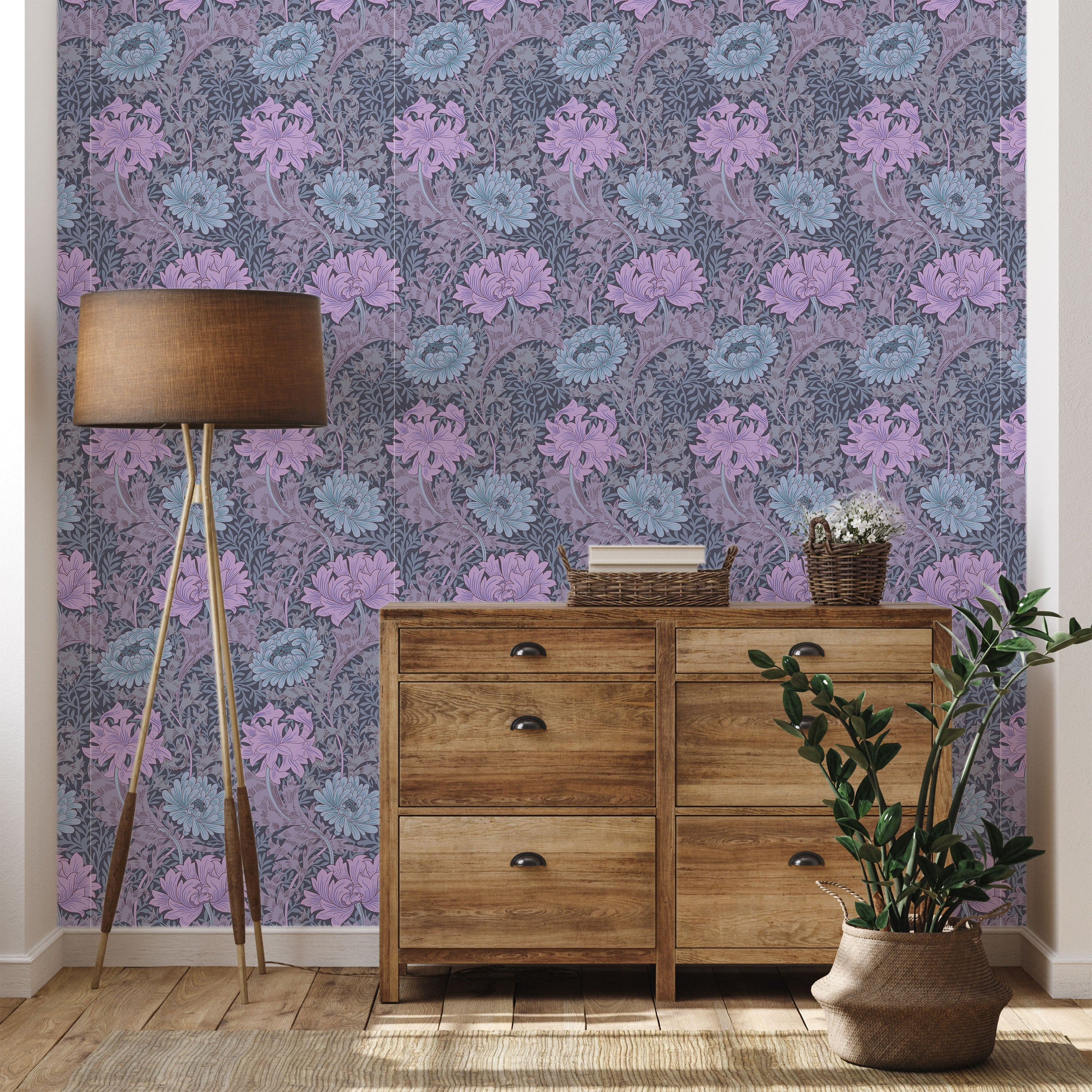 William Morris X Chrysanthemum Peel and Stick Wallpaper, Removable Wallpaper, Traditional Wallpaper - Lilac | DeccoPrint