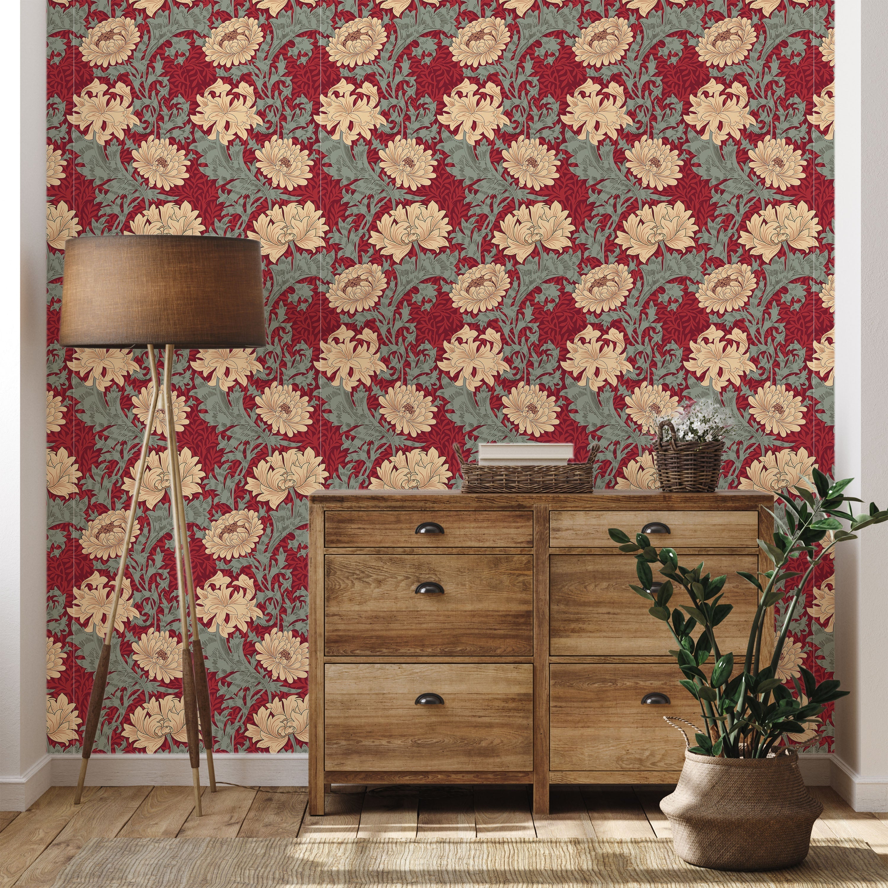 William Morris X Chrysanthemum Peel and Stick Wallpaper, Removable Wallpaper, Traditional Wallpaper - Red | DeccoPrint