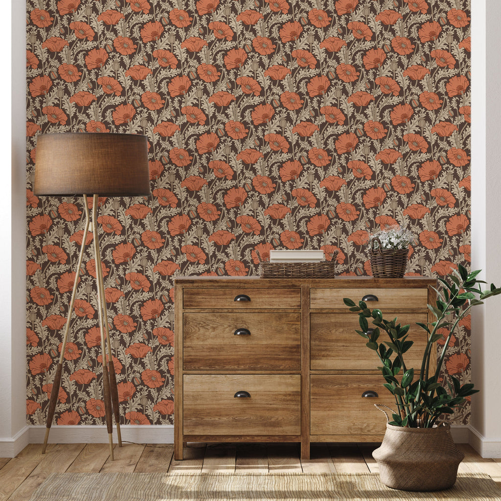 Maurice Pillard Verneuil x  Poppy Peel and Stick Wallpaper, Removable Wallpaper, Traditional Wallpaper - Terracotta Orange | DeccoPrint