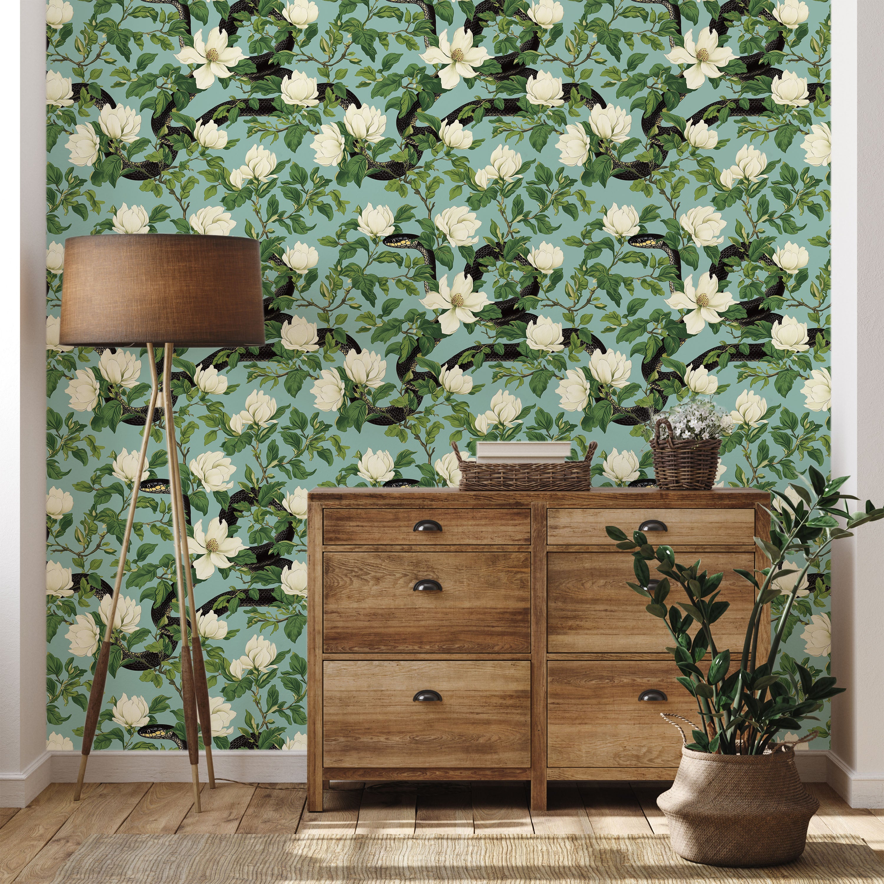 Snakes in Foliage Peel and Stick Wallpaper, Removable Wallpaper, Traditional Wallpaper - Light Teal | DeccoPrint