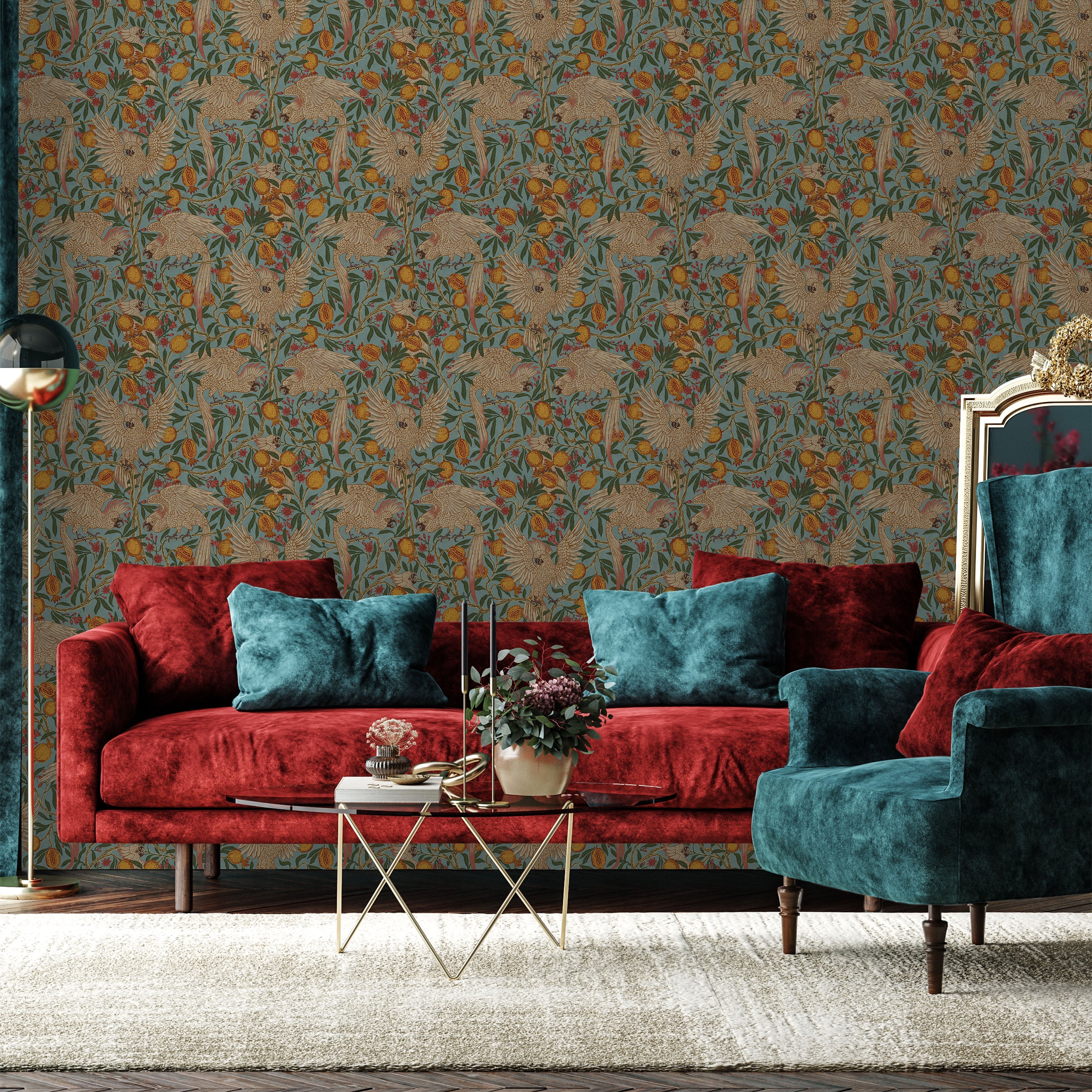 Walter Crane x Cockatoo and Pomegranate Peel and Stick Wallpaper, Removable Wallpaper, Traditional Wallpaper - Light Blue | DeccoPrint