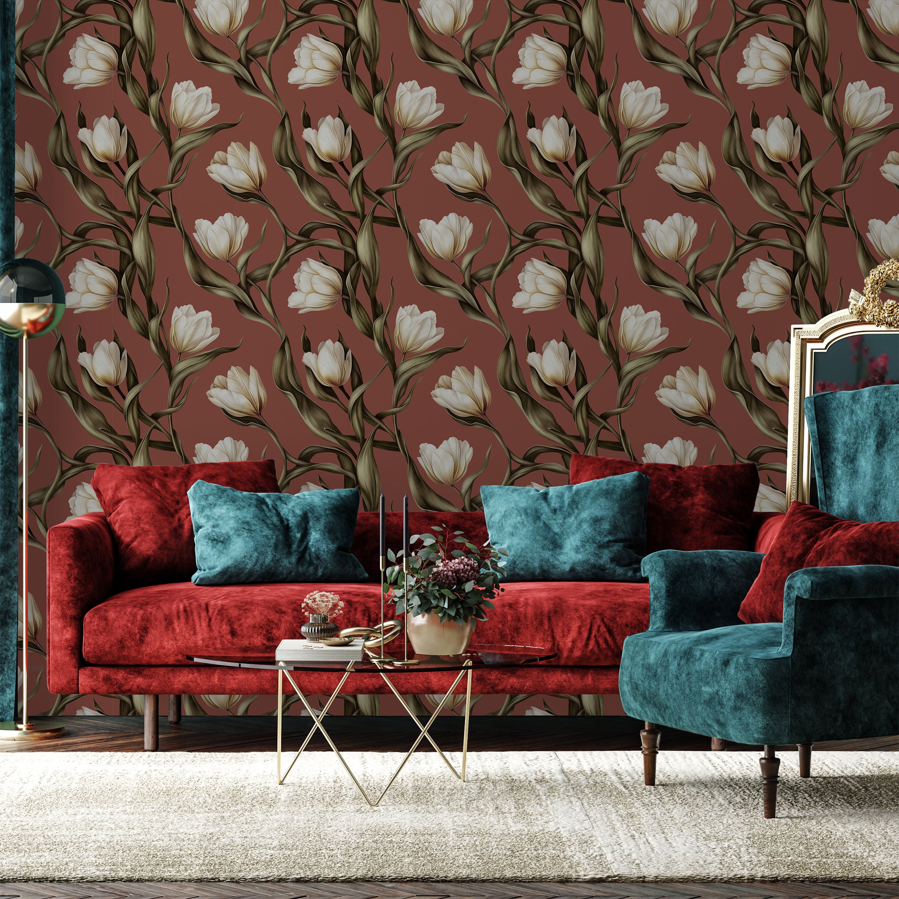 Spring Tulips Peel and Stick Wallpaper, Removable Wallpaper, Traditional Wallpaper - Rustic Browm | DeccoPrint