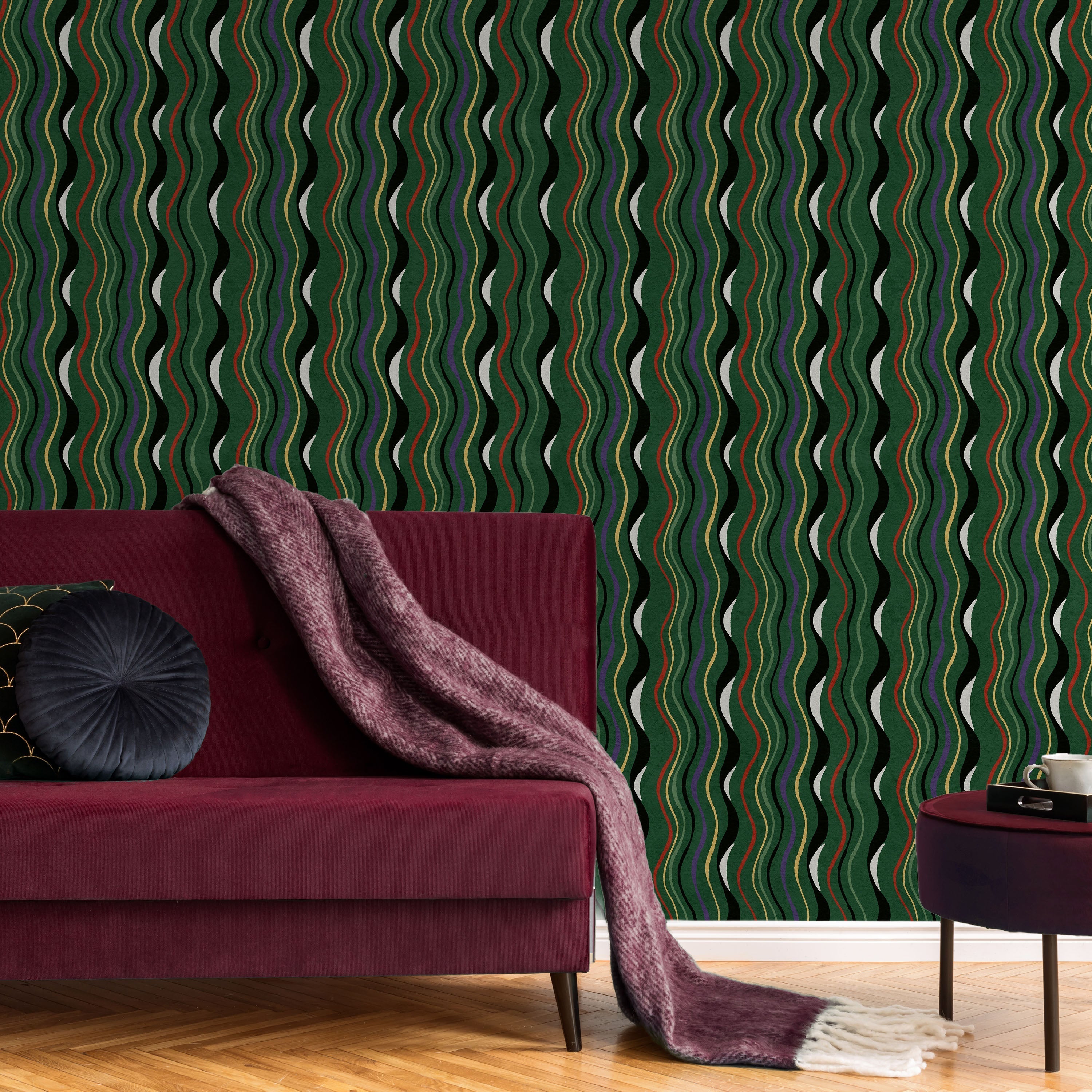 Furuya Korin x Korin Waves Peel and Stick Wallpaper, Removable Wallpaper, Traditional Wallpaper - Deep Green | DeccoPrint
