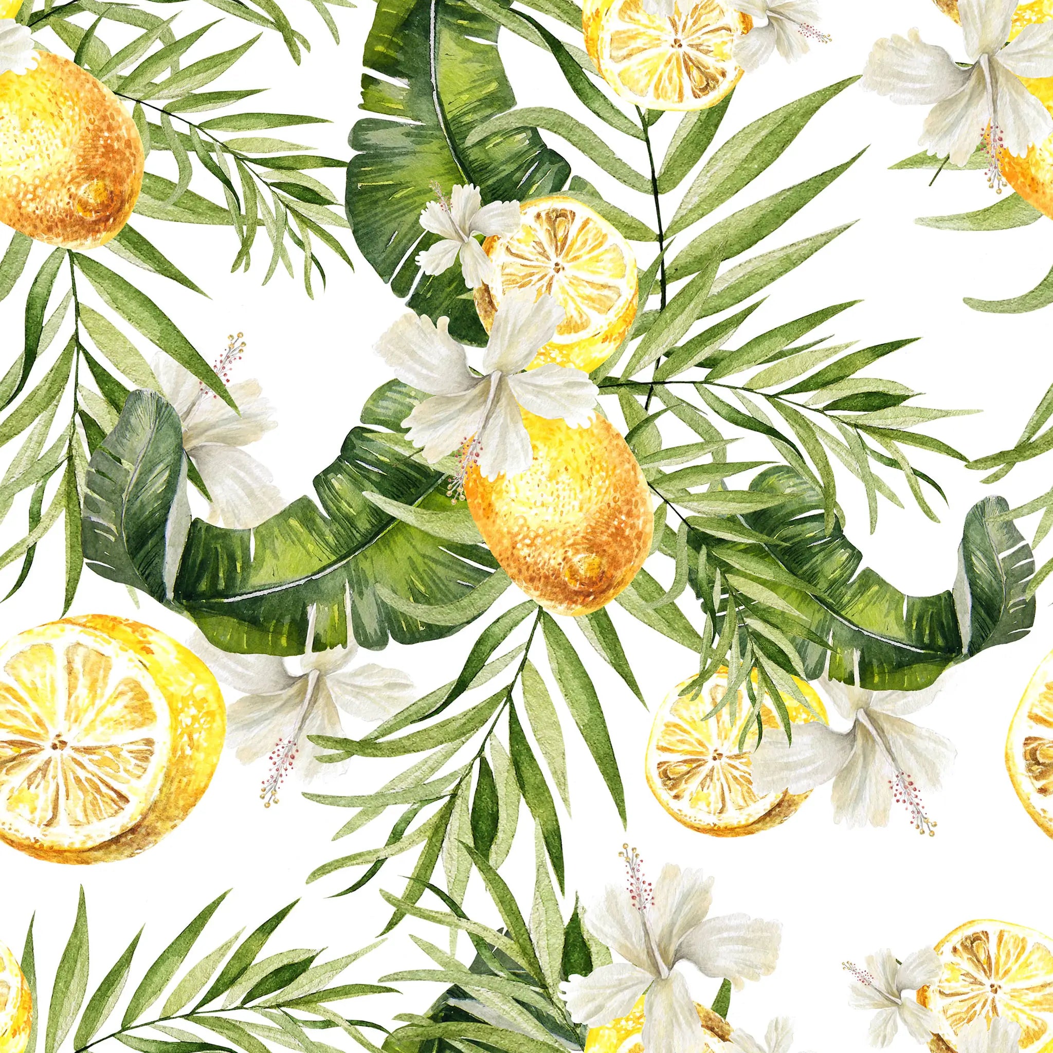 Pattern of lemons, oranges, and tropical leaves on a white background