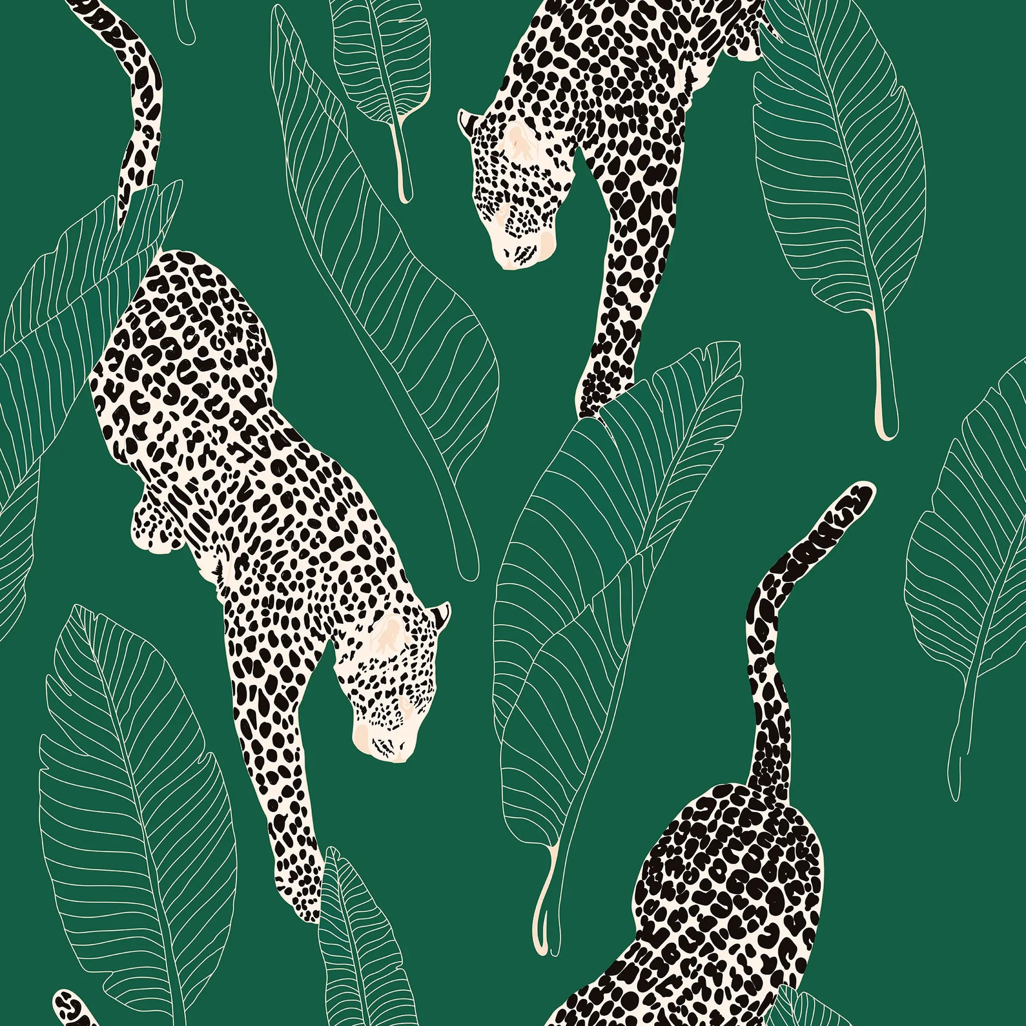 Pattern of leopards and leaves on a green background