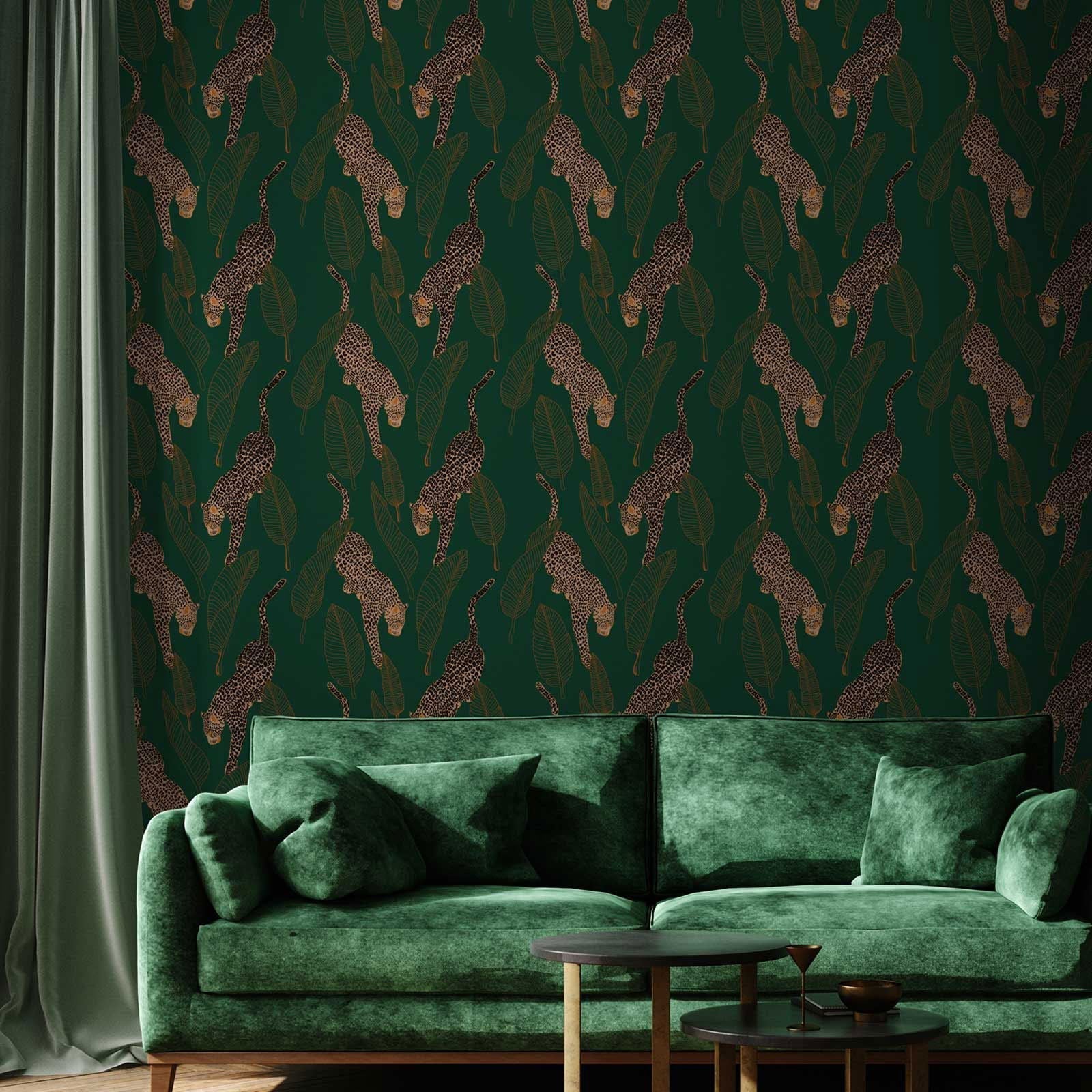 Leopards Peel and Stick Wallpaper, Removable Wallpaper, Traditional Wallpaper - Emerald | DeccoPrint