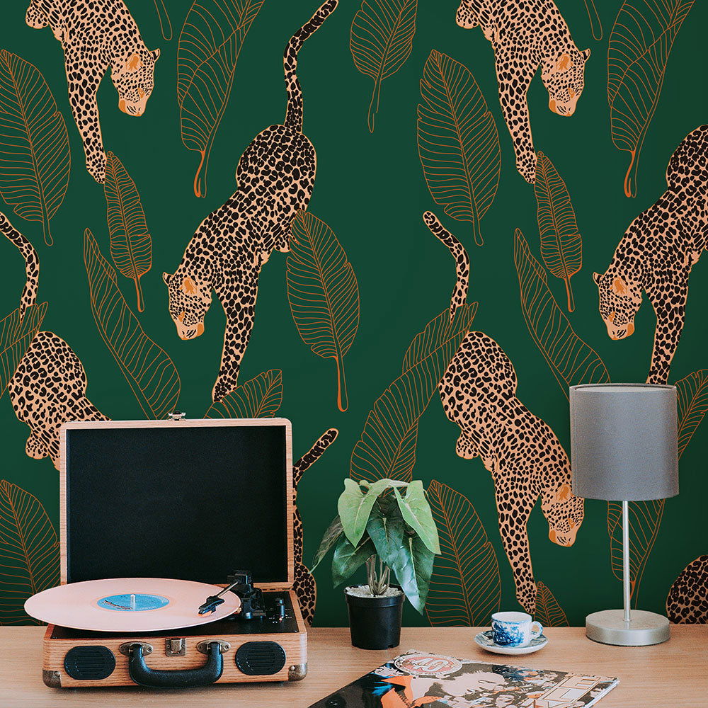 Leopards Wallpaper - Emerald - DeccoPrint