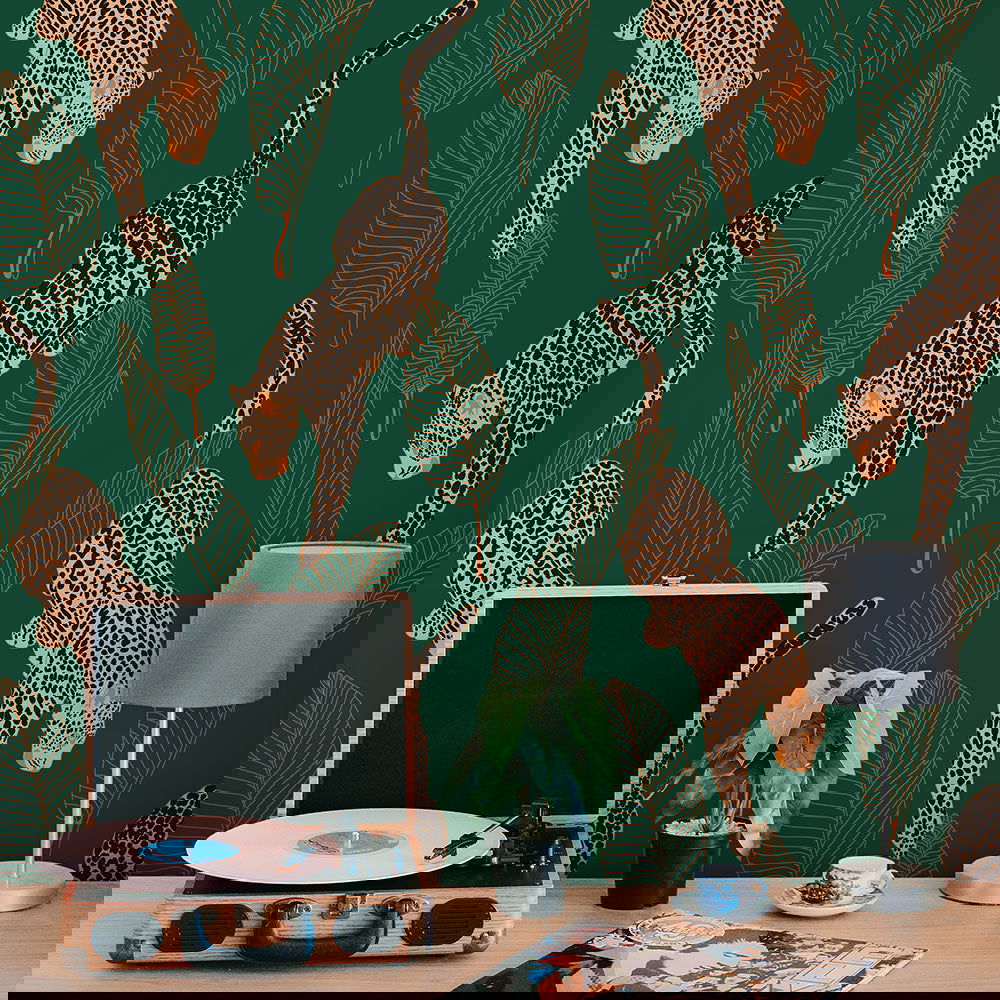 Leopards Peel and Stick Wallpaper, Removable Wallpaper, Traditional Wallpaper - Emerald | DeccoPrint