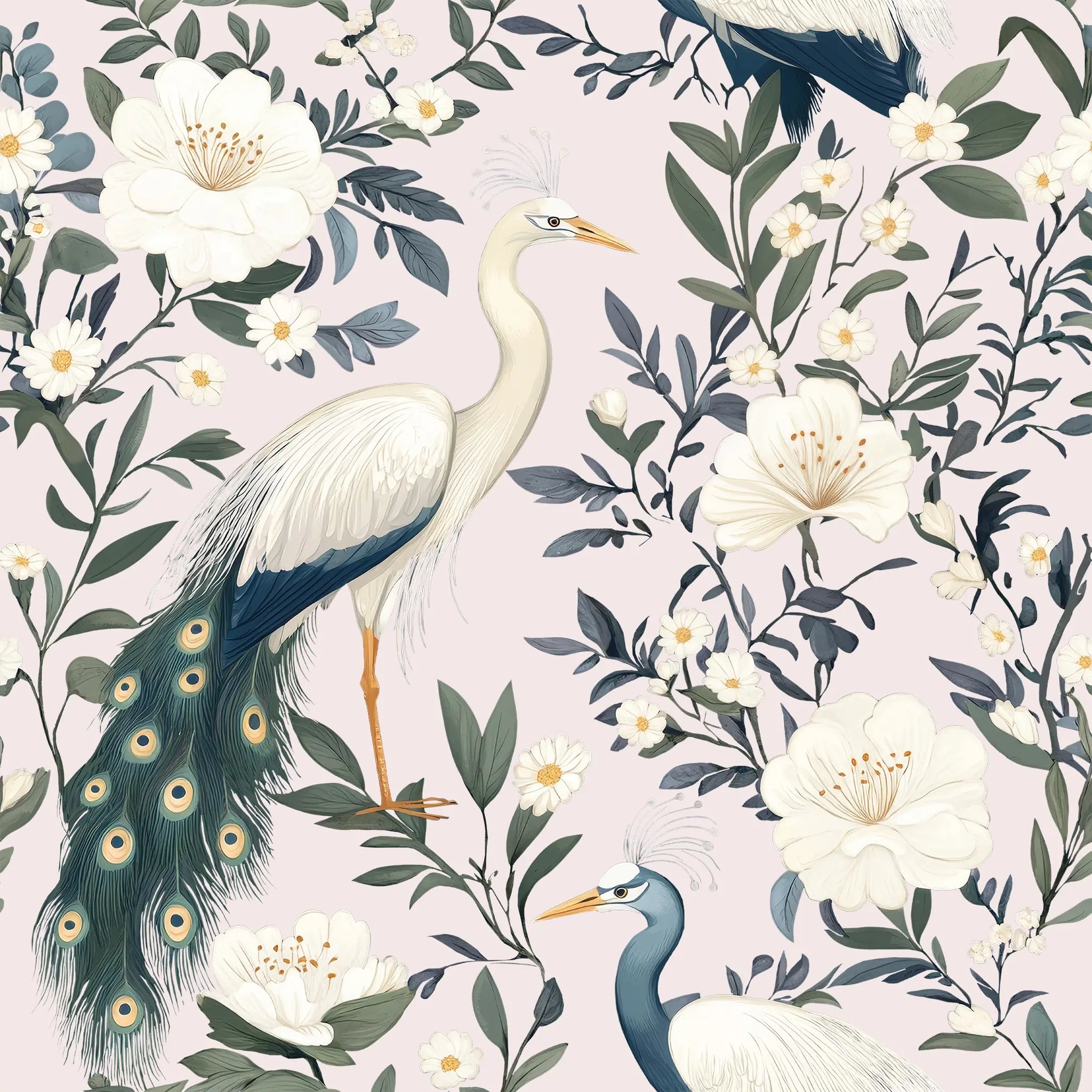 Floral pattern with peacocks and herons on a light purple background
