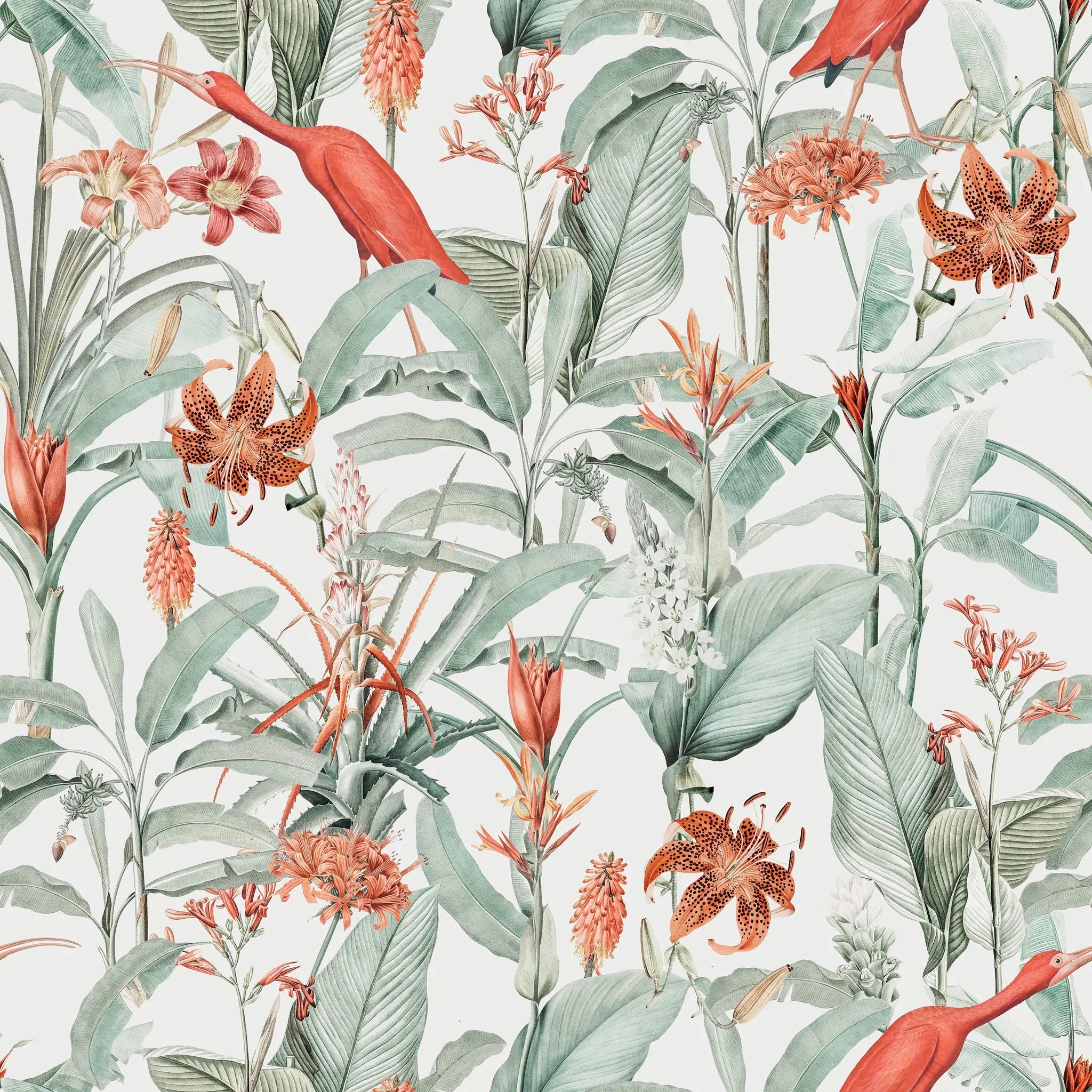 Tropical floral pattern with red birds and green leaves on a light background
