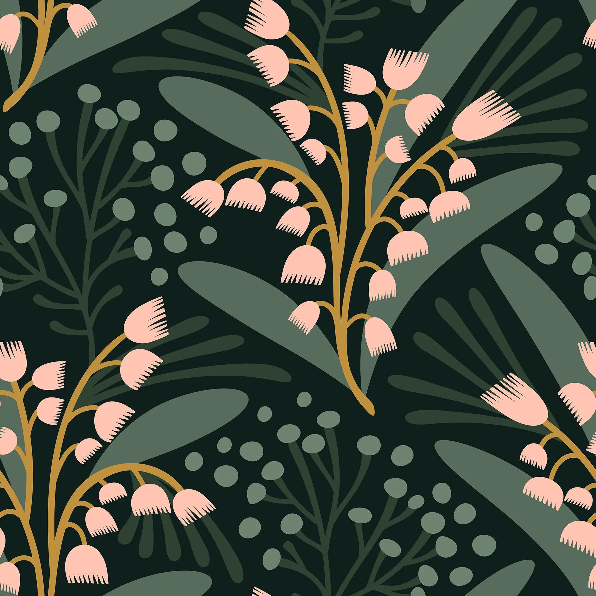 Floral pattern with pink flowers and green leaves on a dark background