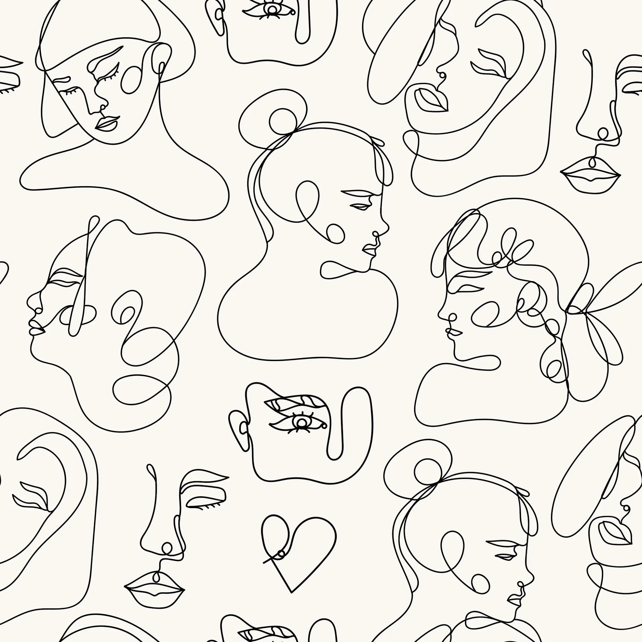 Pattern of abstract line art faces on a white background