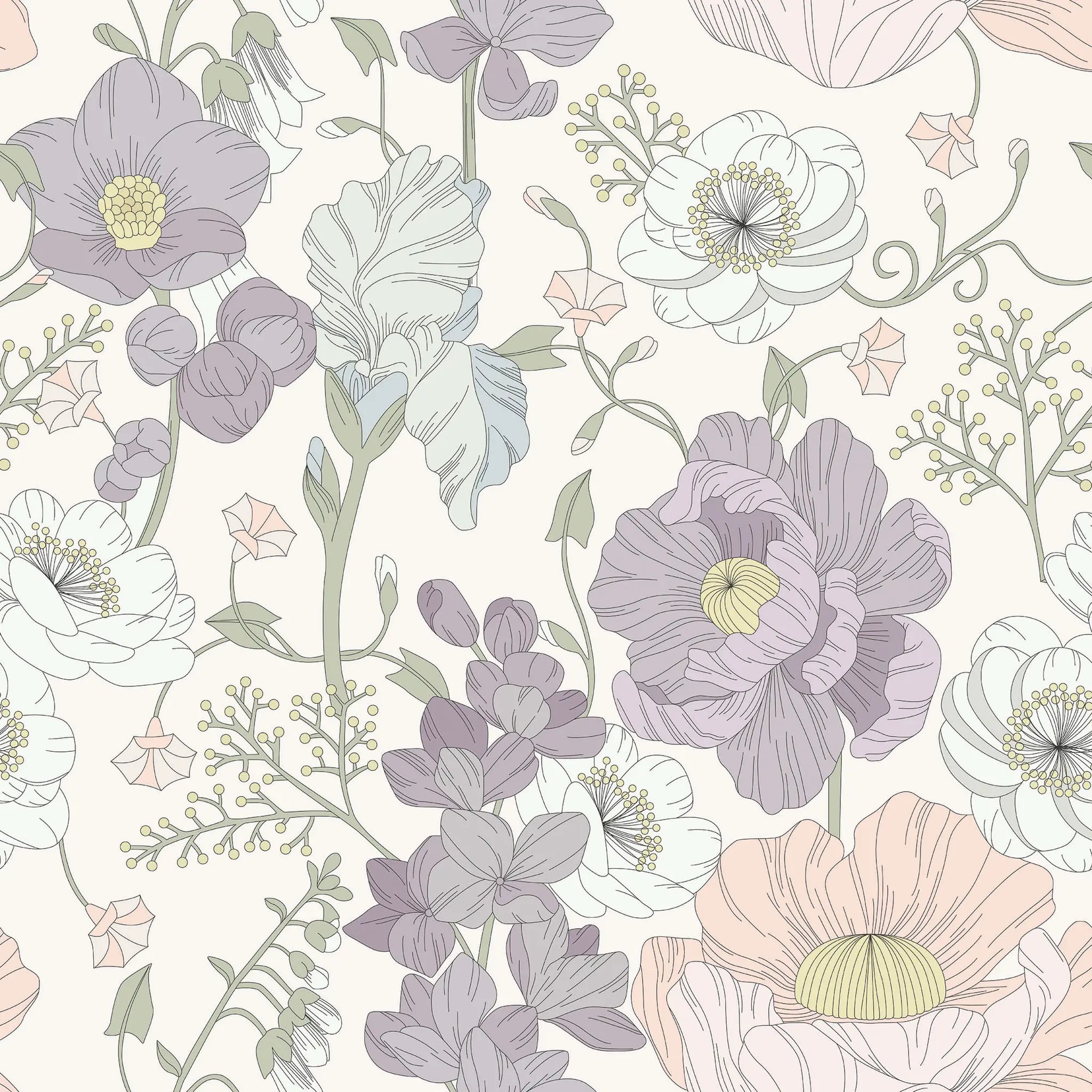 Floral pattern with purple, pink, and white flowers on a light background