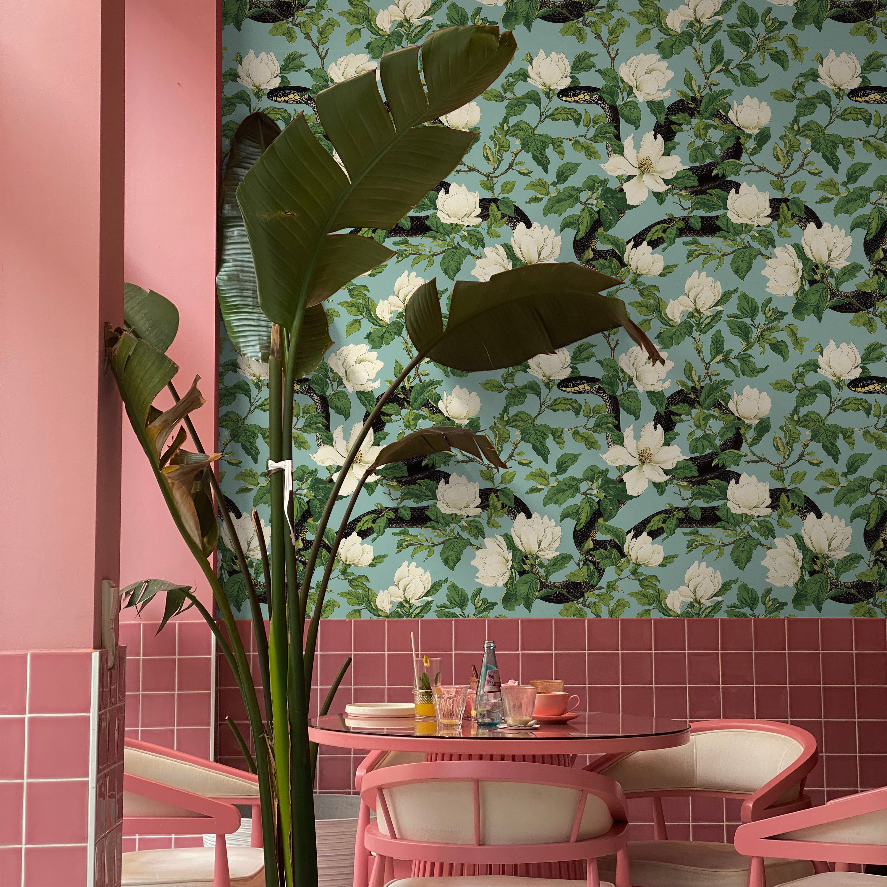 Snakes in Foliage Peel and Stick Wallpaper, Removable Wallpaper, Traditional Wallpaper - Light Teal | DeccoPrint