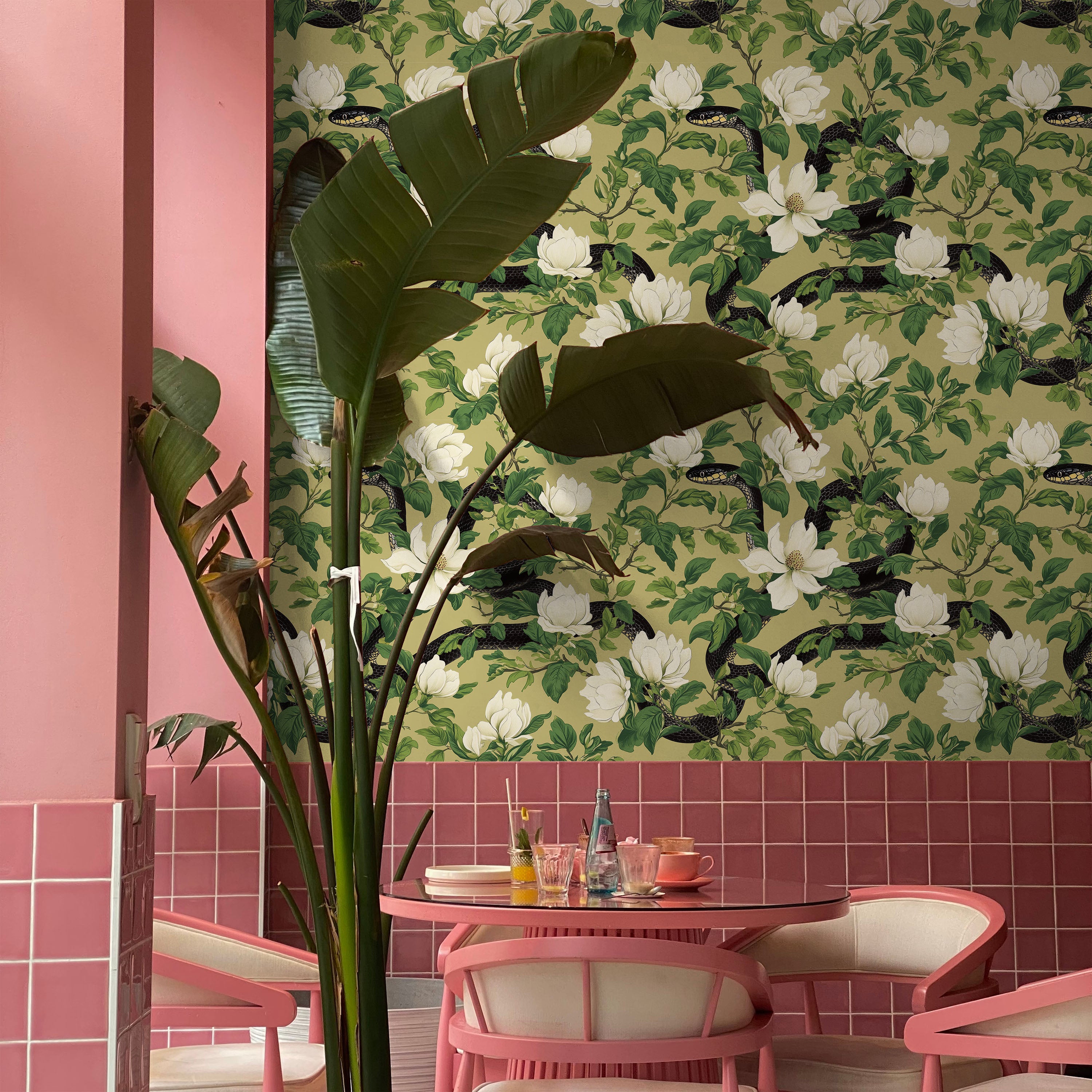 Snakes in Foliage Peel and Stick Wallpaper, Removable Wallpaper, Traditional Wallpaper - Olive Green | DeccoPrint