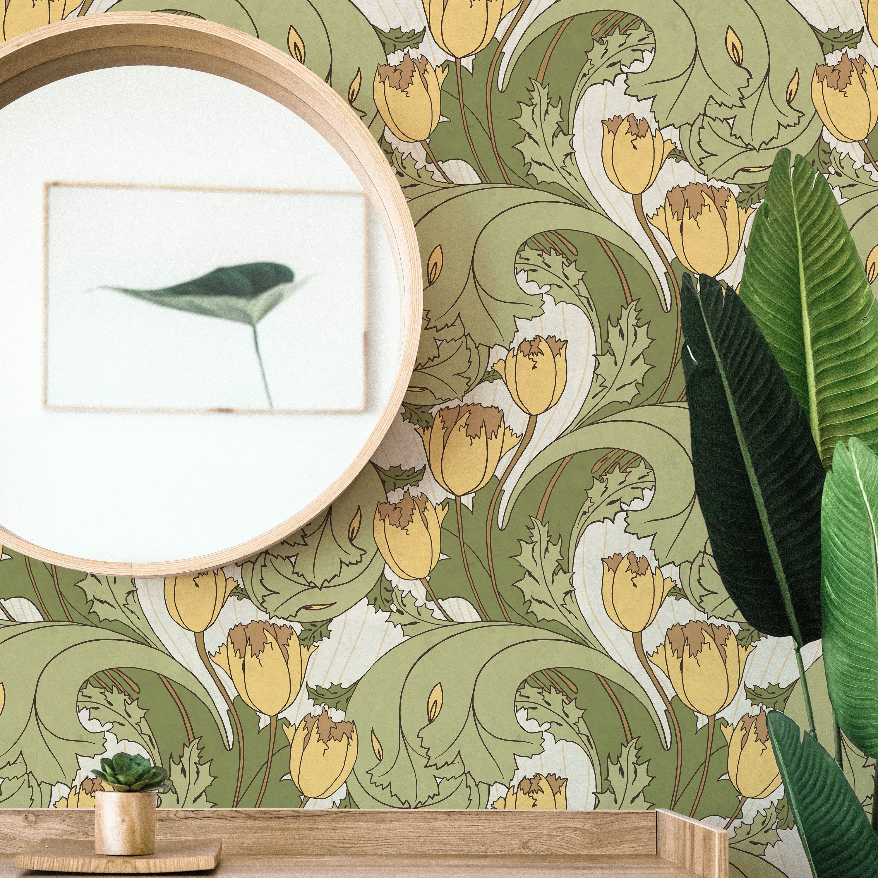 C.F.A. Voysey x Tulips Peel and Stick Wallpaper, Removable Wallpaper, Traditional Wallpaper - Vintage Yellow | DeccoPrint
