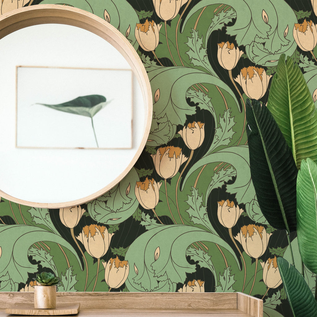 C.F.A. Voysey x Tulips Peel and Stick Wallpaper, Removable Wallpaper, Traditional Wallpaper - Forest Green | DeccoPrint
